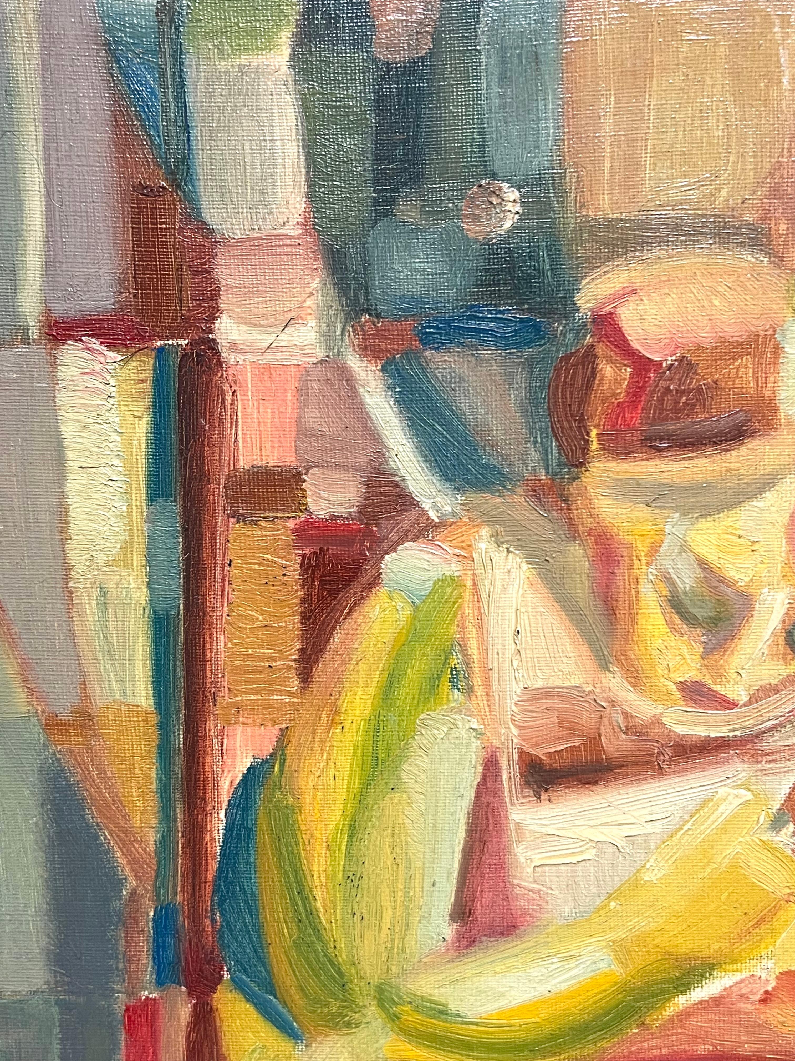 Cubist Abstract Portrait of Seated Woman Colorful Geometric Forms French 1950's - Beige Abstract Painting by French School