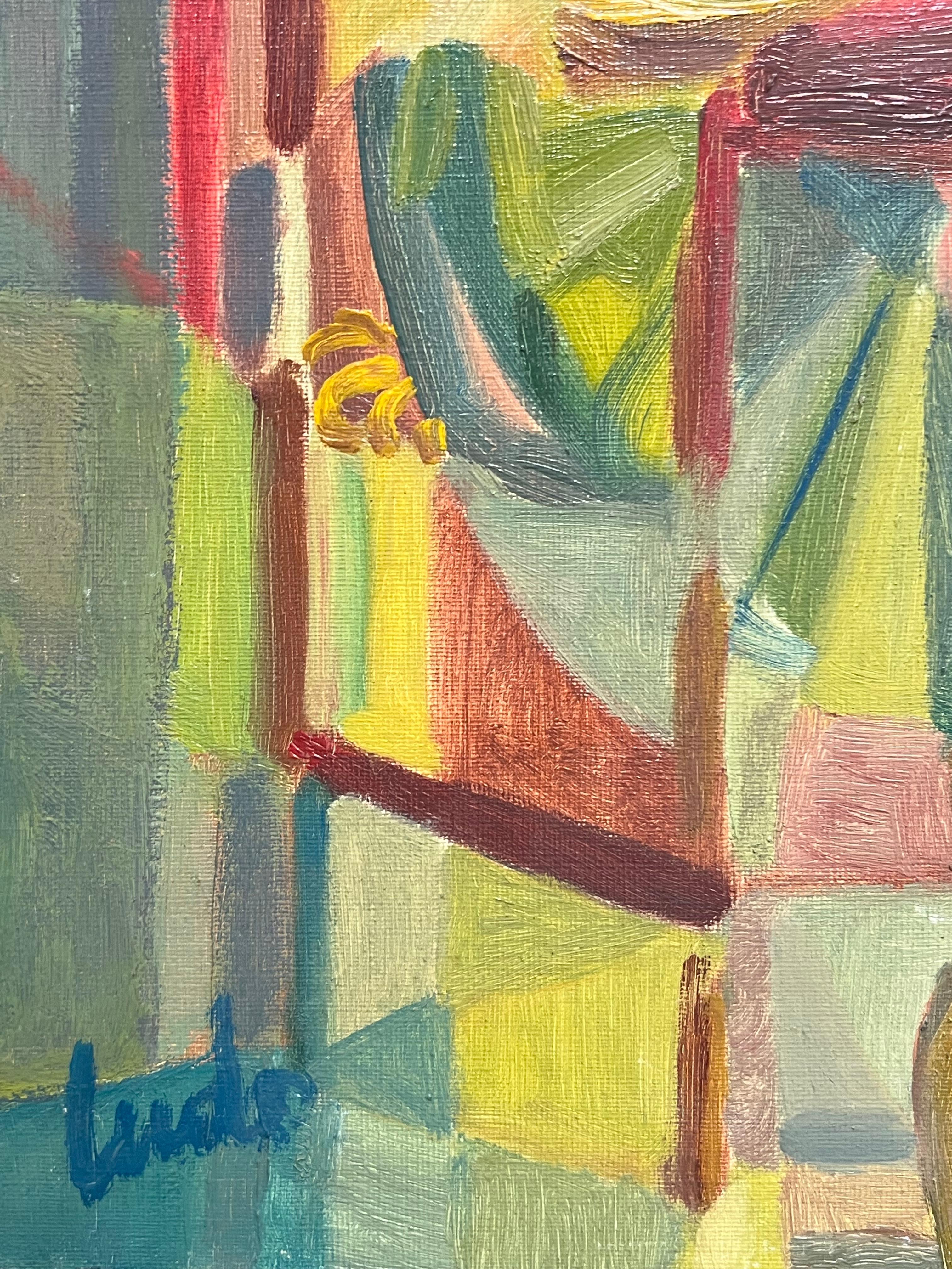 Cubist Abstract Portrait of Seated Woman Colorful Geometric Forms French 1950's For Sale 1