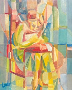 Retrato Cubista Abstracto de Mujer Sentada Formas Geométricas Coloridas Francés Años 50