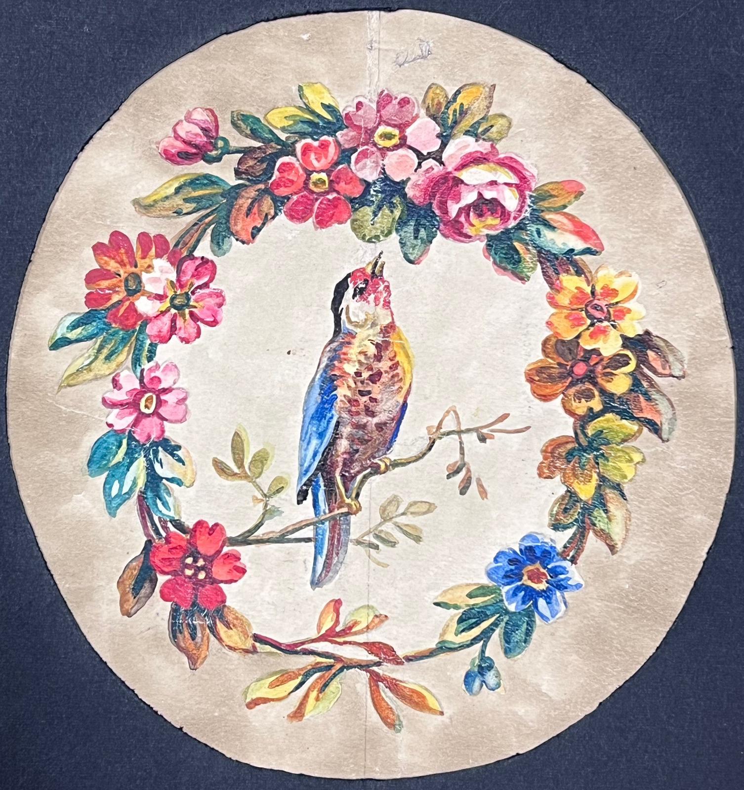 Delicato acquerello di un uccello circondato da una corona floreale Rococò antico - Painting di French School