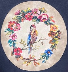 Delicate Watercolour of a Bird Encircled by a Floral Wreath Antique Rococo