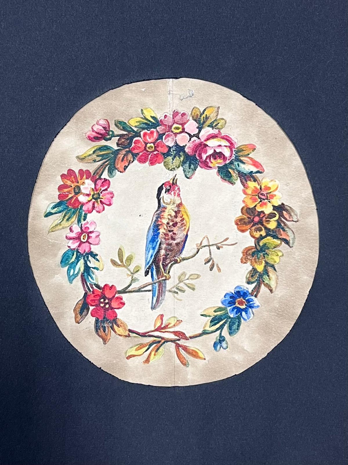 Delicato acquerello di un uccello circondato da una corona floreale Rococò antico - Animal Painting Nero di French School