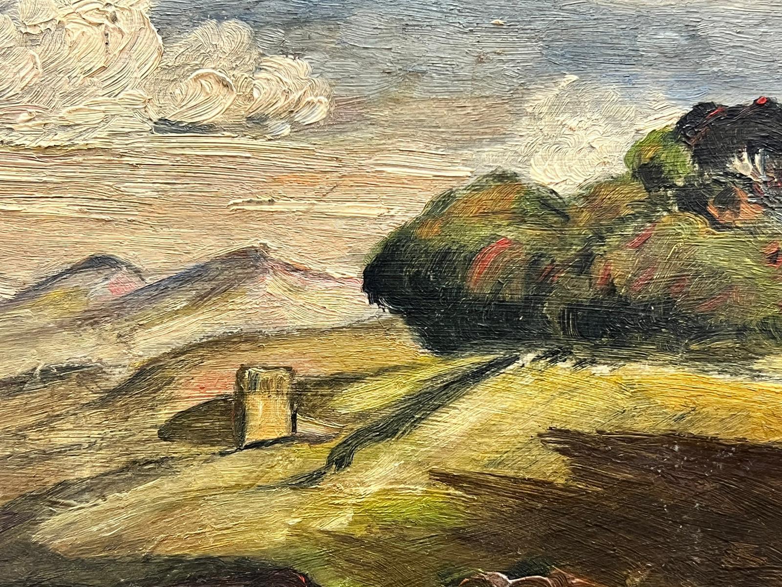 Early 20th Century French Impressionist Signed Oil Blustery Clouds over Fields  - Painting by French School