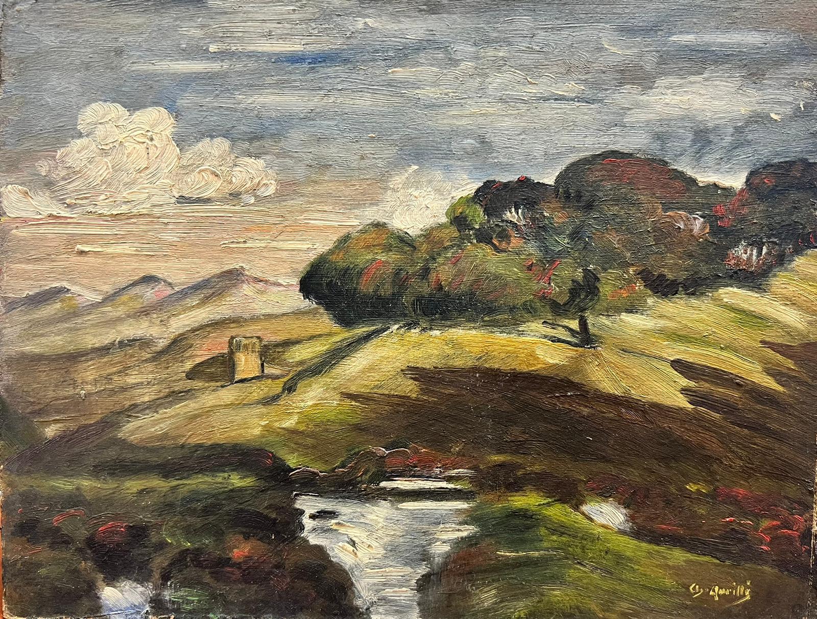 French School Landscape Painting - Early 20th Century French Impressionist Signed Oil Blustery Clouds over Fields 