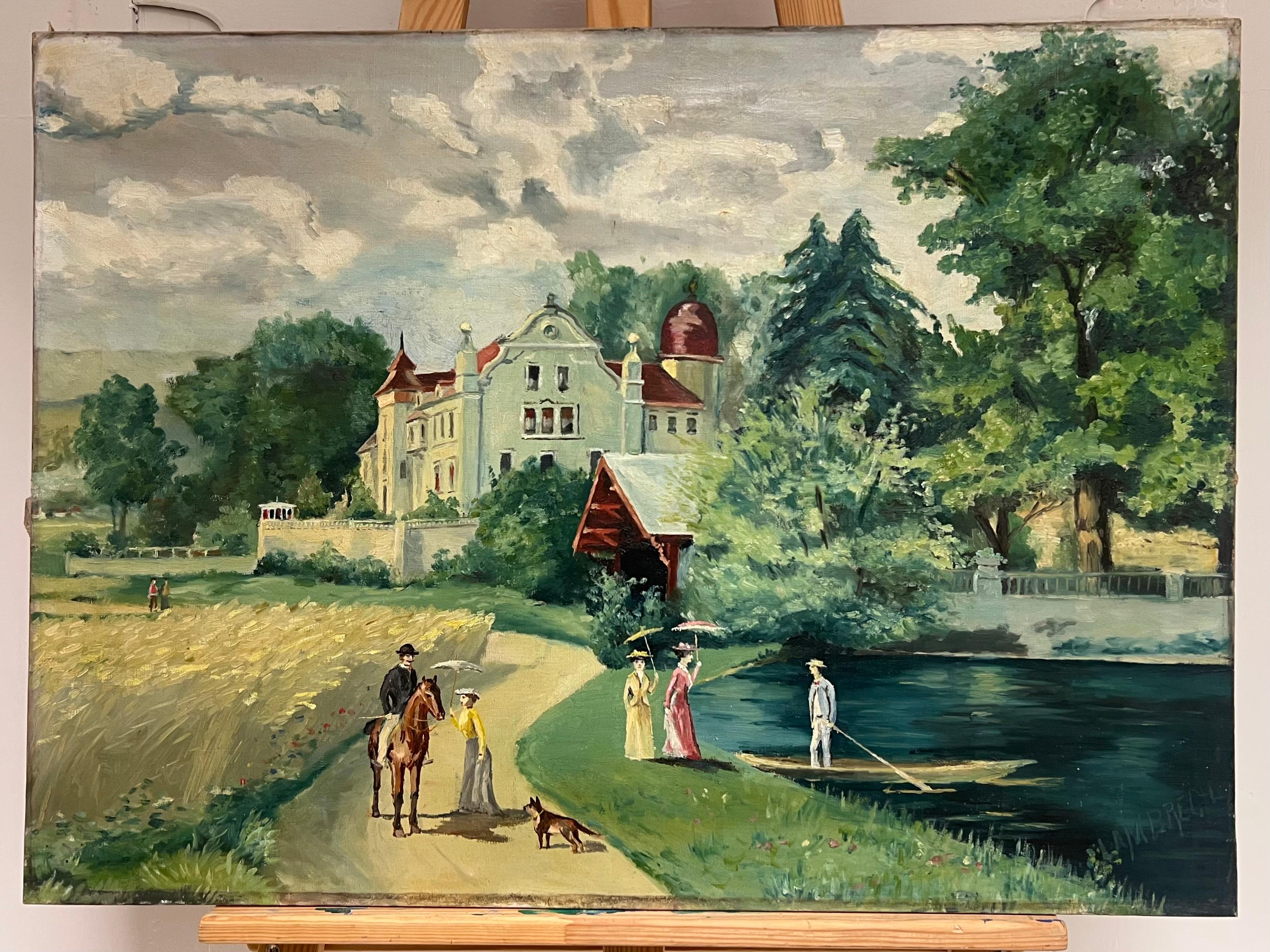 Elegant Figures Country Chateau Park Land Antique French Oil Painting Signed - Gray Landscape Painting by French School