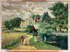 Elegant Figures Country Chateau Park Land Antique French Oil Painting Signed