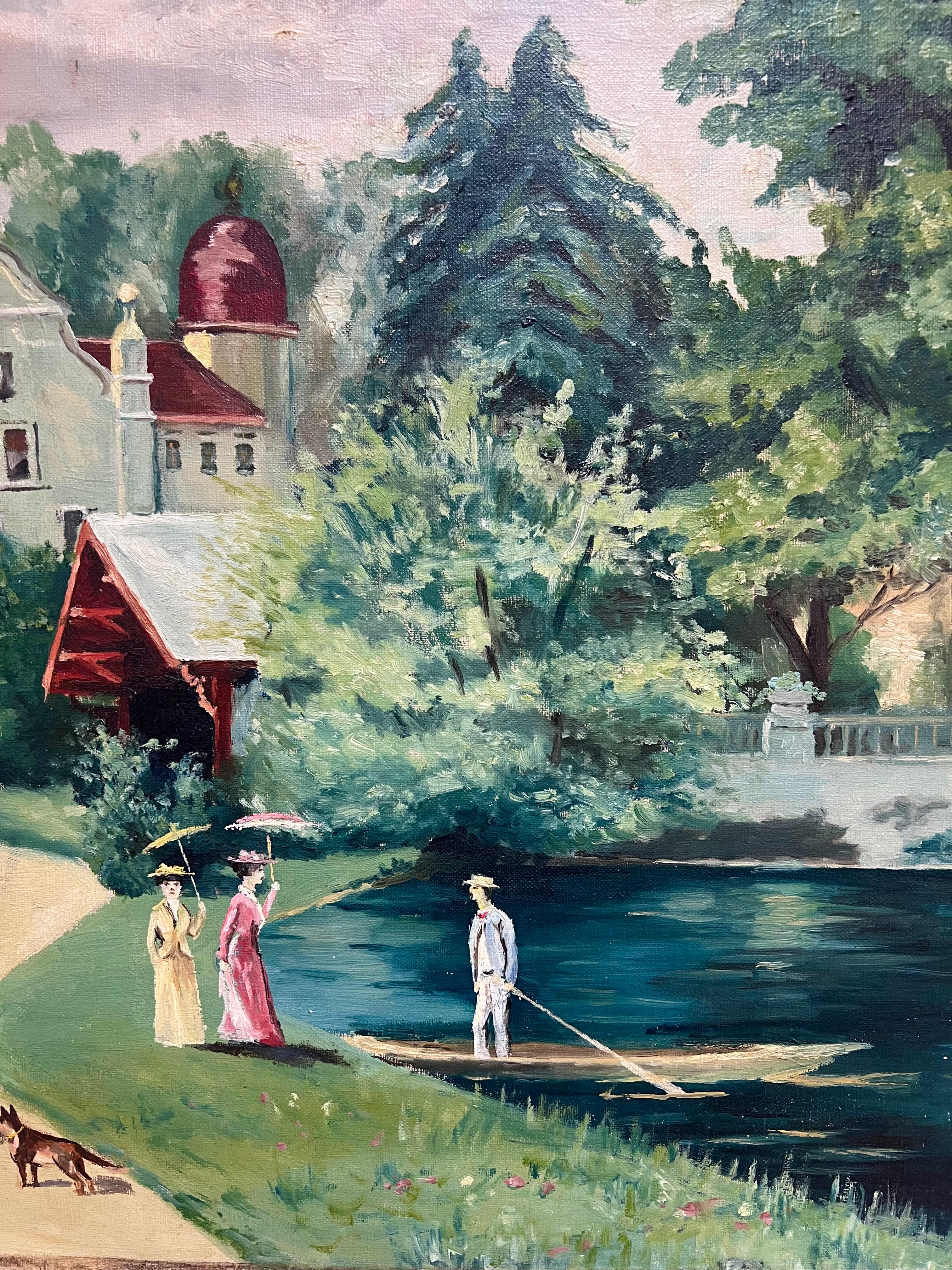Elegant Figures Country Chateau Park Land Antique French Oil Painting Signed For Sale 1