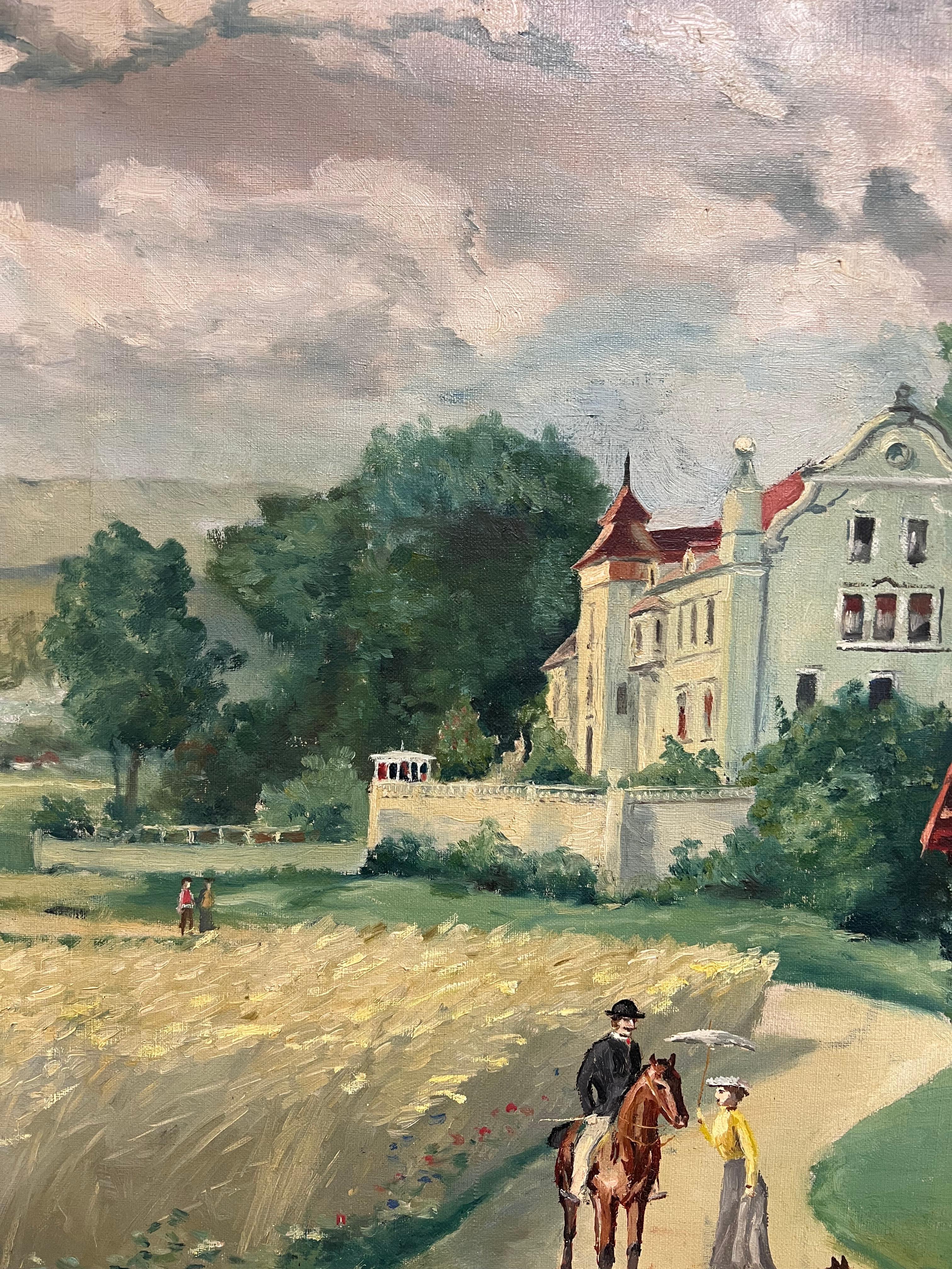 Elegant Figures Country Chateau Park Land Antique French Oil Painting Signed For Sale 2