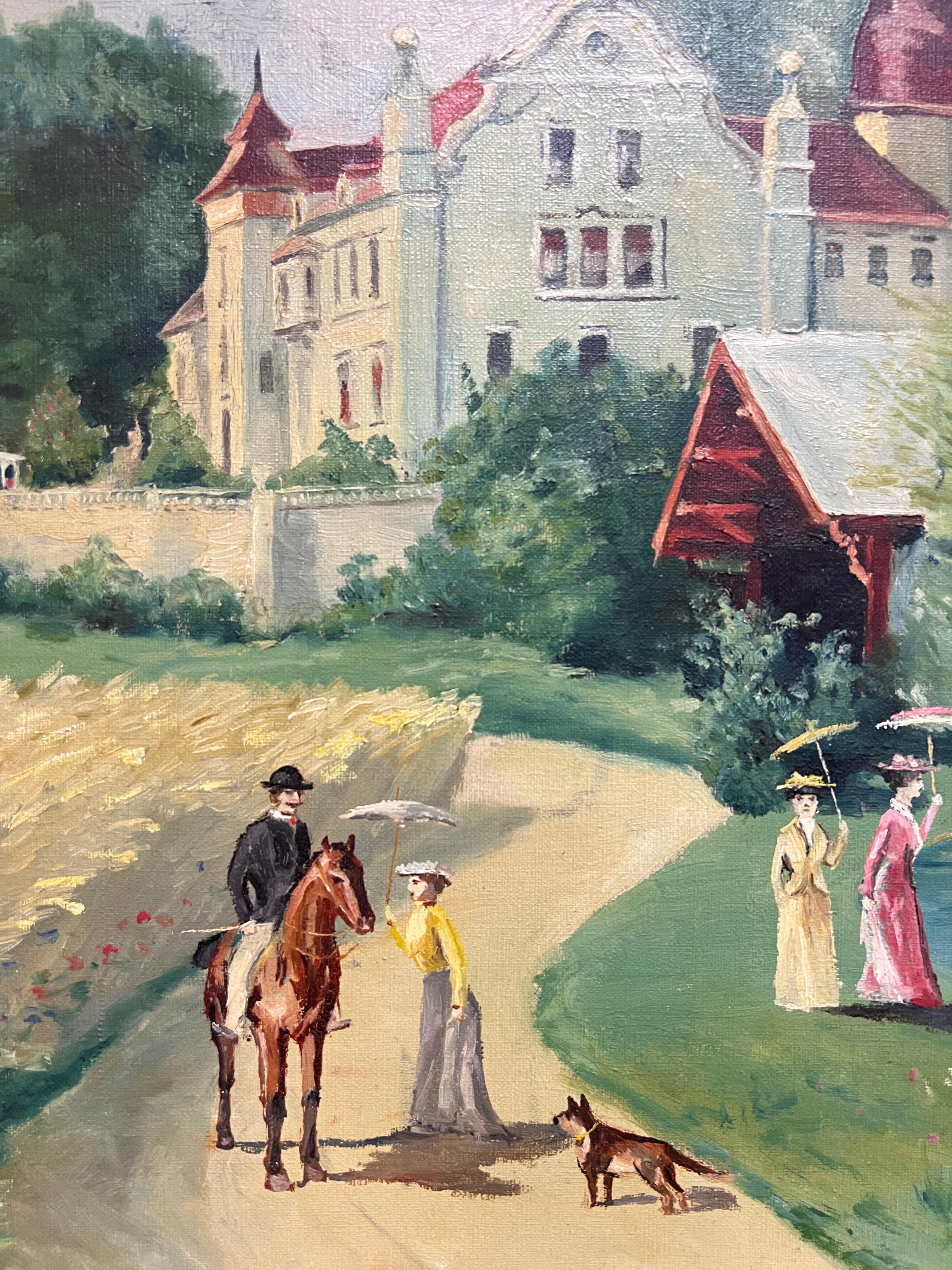 Elegant Figures Country Chateau Park Land Antique French Oil Painting Signed For Sale 3