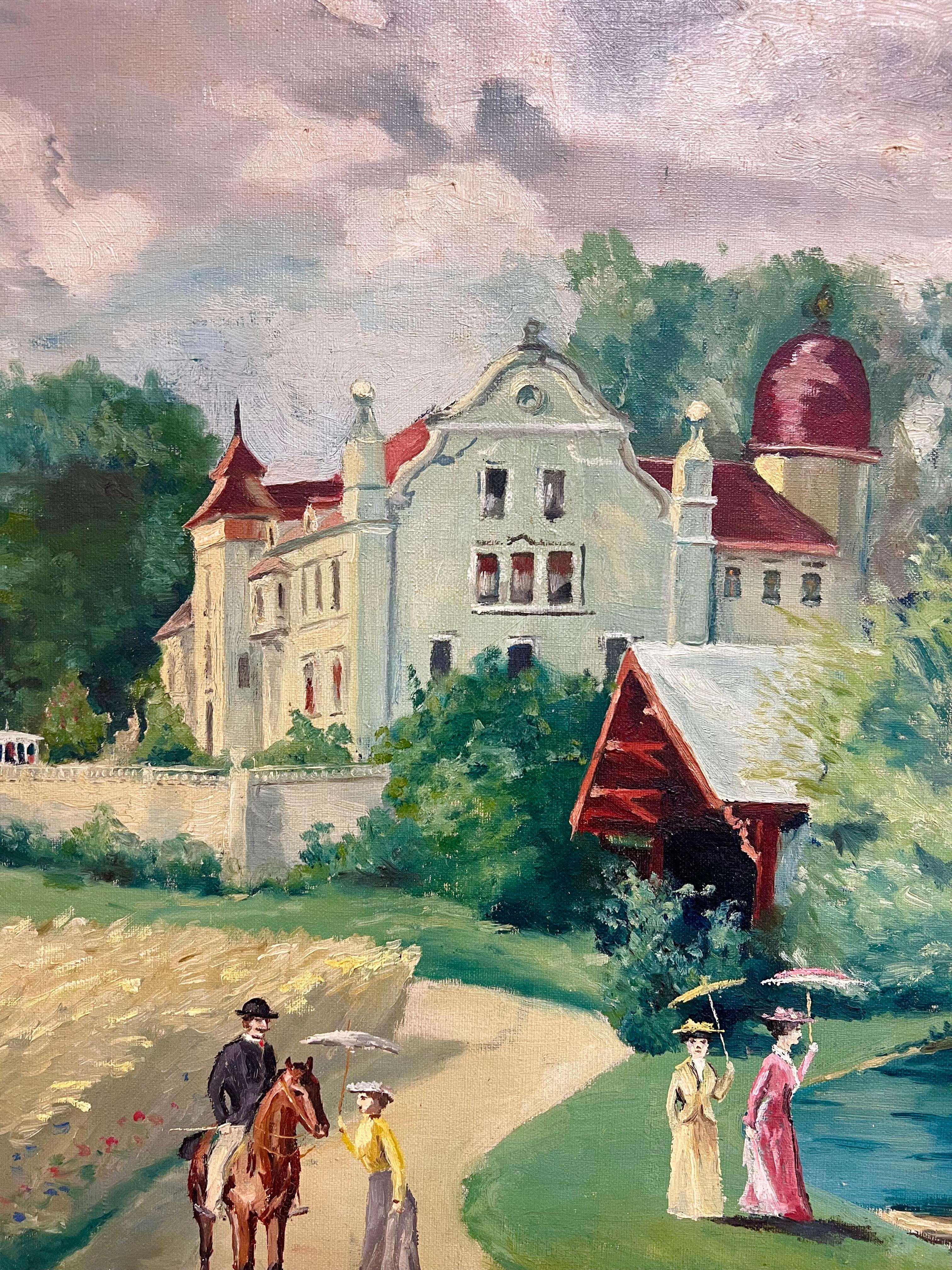 Elegant Figures Country Chateau Park Land Antique French Oil Painting Signed For Sale 4