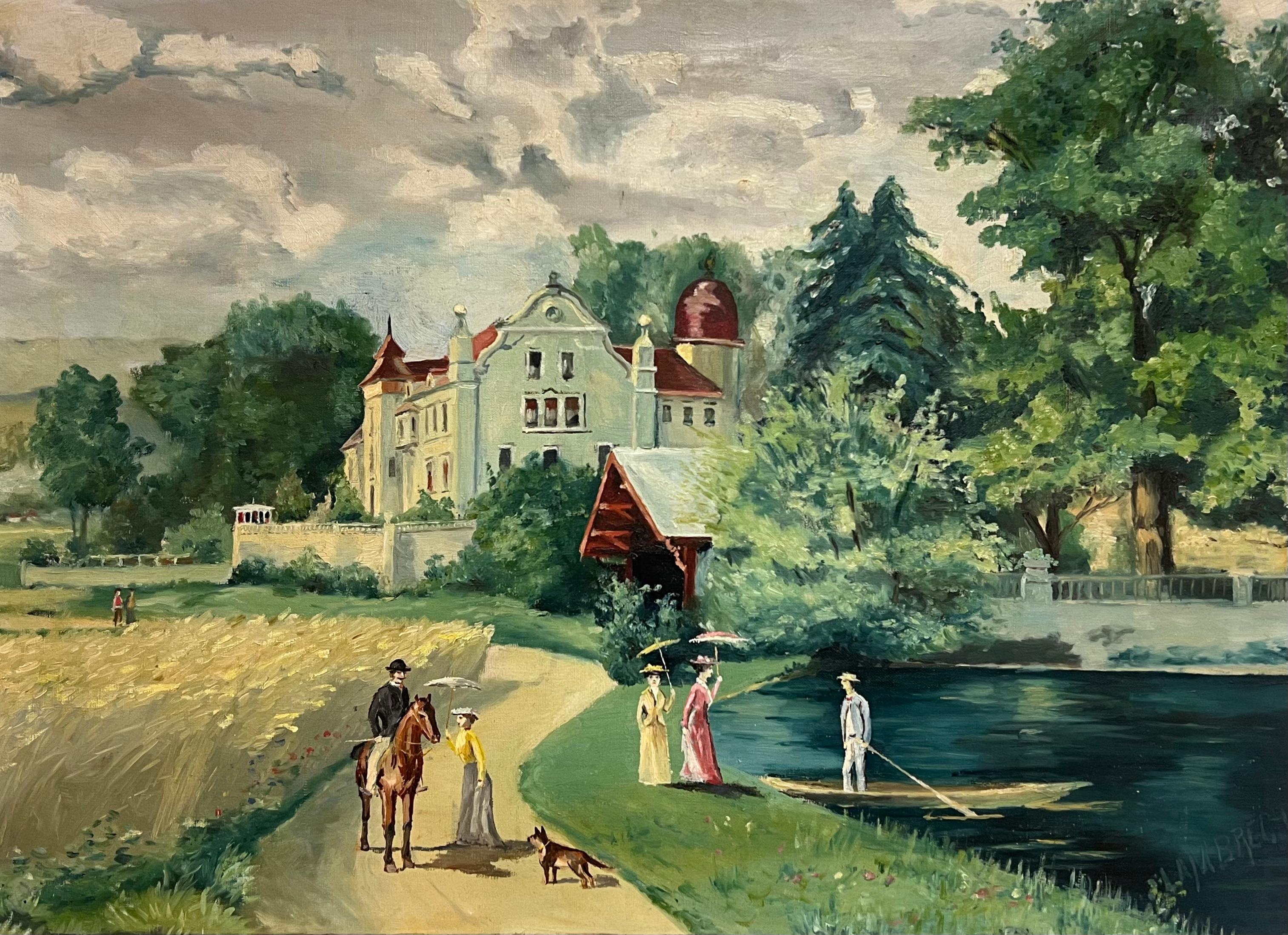 Elegant Figures Country Chateau Park Land Antique French Oil Painting Signed For Sale 6