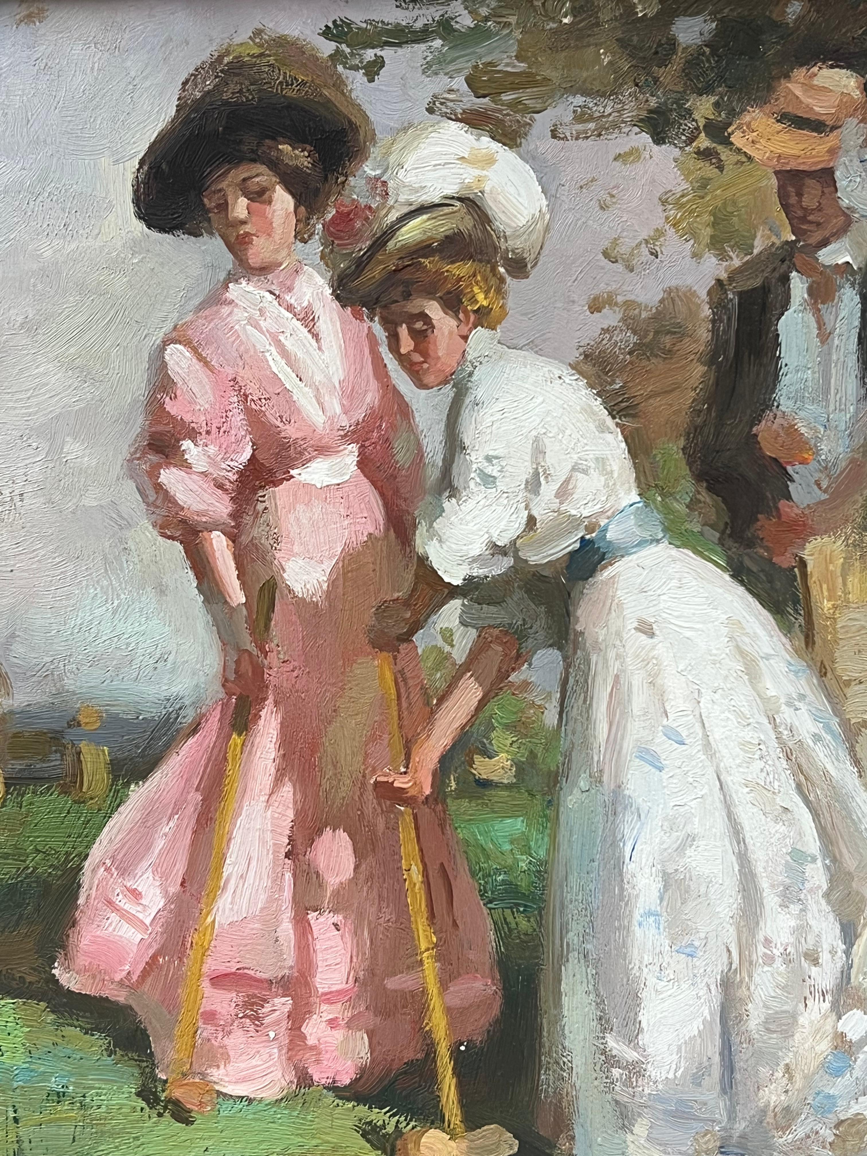 Elegantes Damas Jugando al Croquet Escena de Época Belle Epoque Impresionista Francesa - Painting de French School
