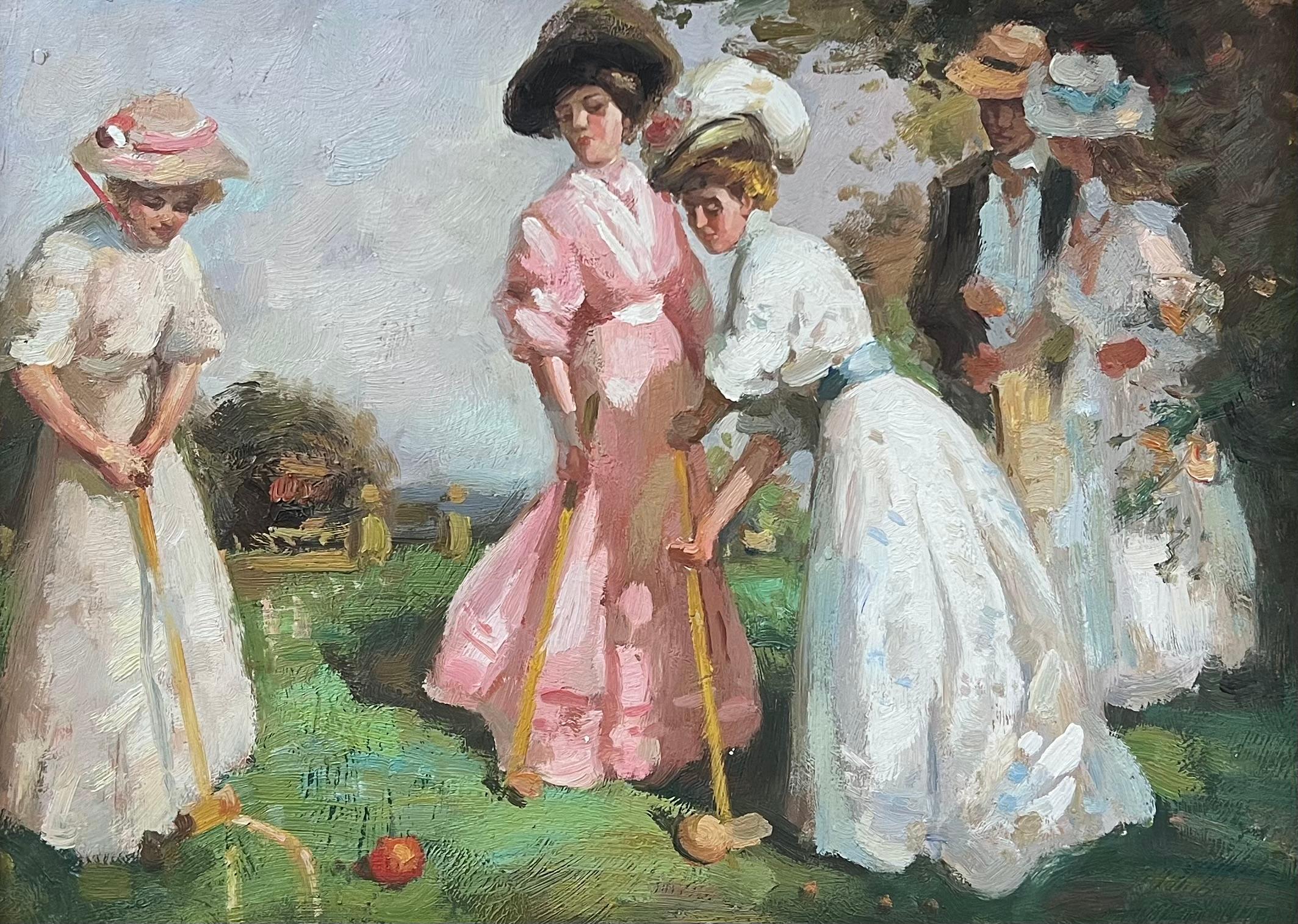 Elegantes Damas Jugando al Croquet Escena de Época Belle Epoque Impresionista Francesa - Figurative Painting Marrón de French School