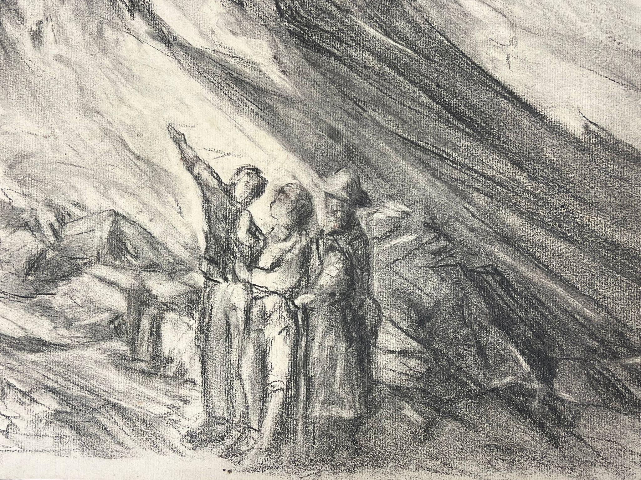 Esploratori in montagna Evocativo schizzo a carboncino raffigurante una scena alpina - Painting di French School