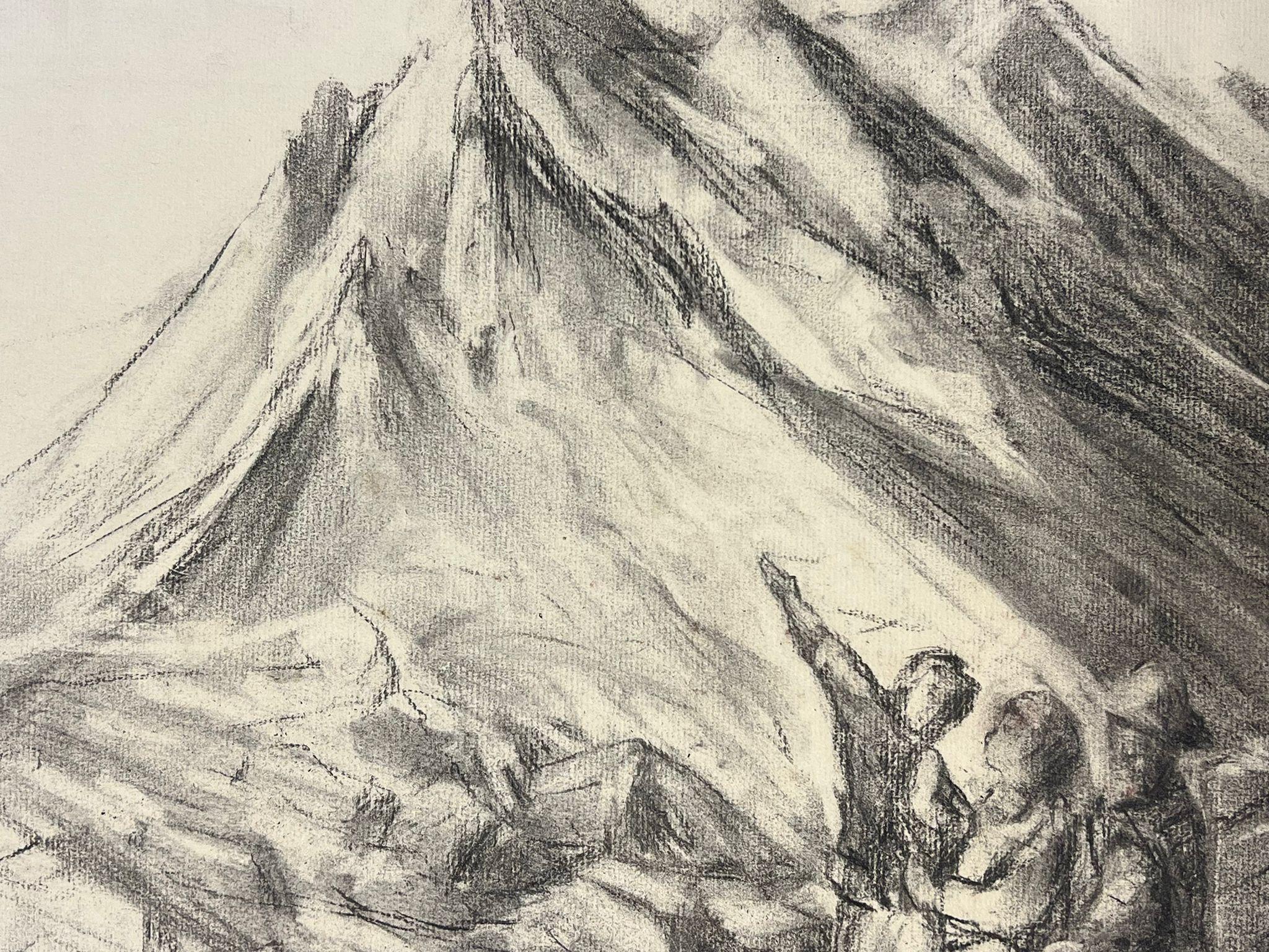 Esploratori in montagna Evocativo schizzo a carboncino raffigurante una scena alpina - Landscape Painting Grigio di French School