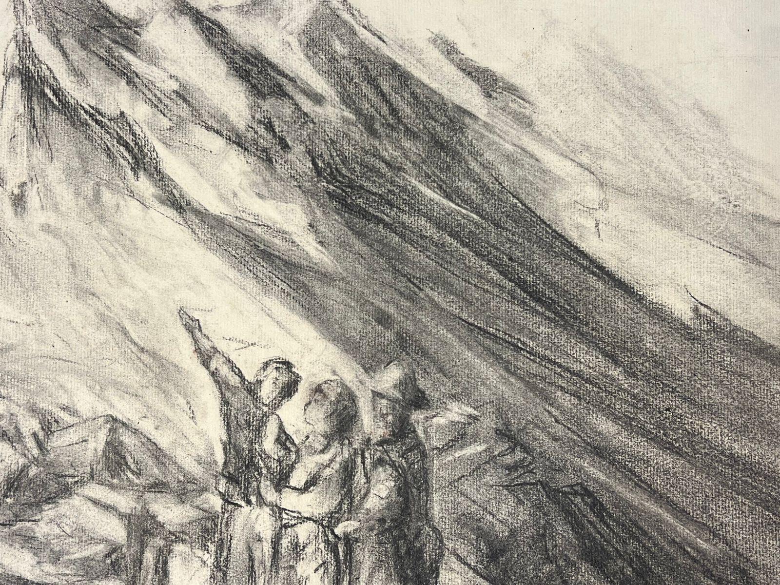Esploratori in montagna 
carboncino su carta d'artista, senza cornice
dipinto: 12,5 x 19 pollici
Provenienza: collezione privata, Francia
Condizioni: ottime condizioni

Descrizione: Questo suggestivo schizzo a carboncino cattura magnificamente un