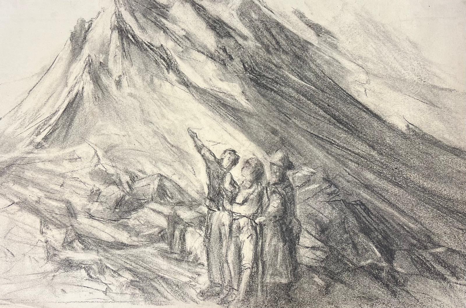 Esploratori in montagna Evocativo schizzo a carboncino raffigurante una scena alpina in vendita 1