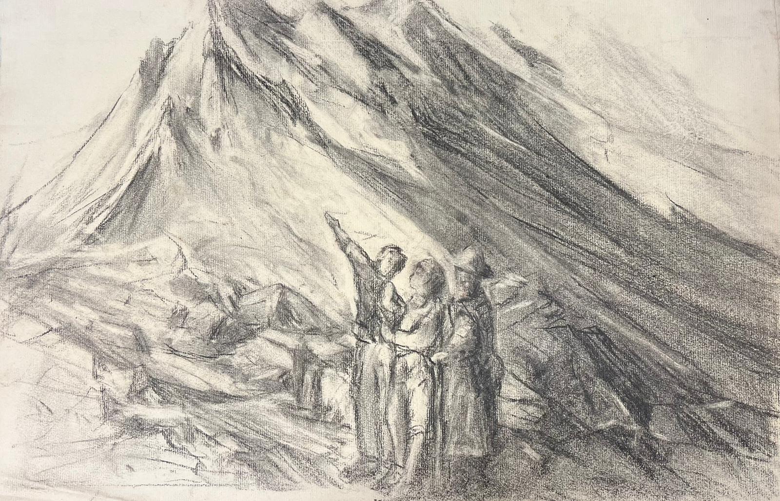 Exploradores en las montañas Evocador boceto a carboncillo que representa una escena alpina