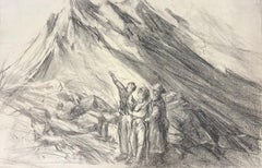 Exploradores en las montañas Evocador boceto a carboncillo que representa una escena alpina