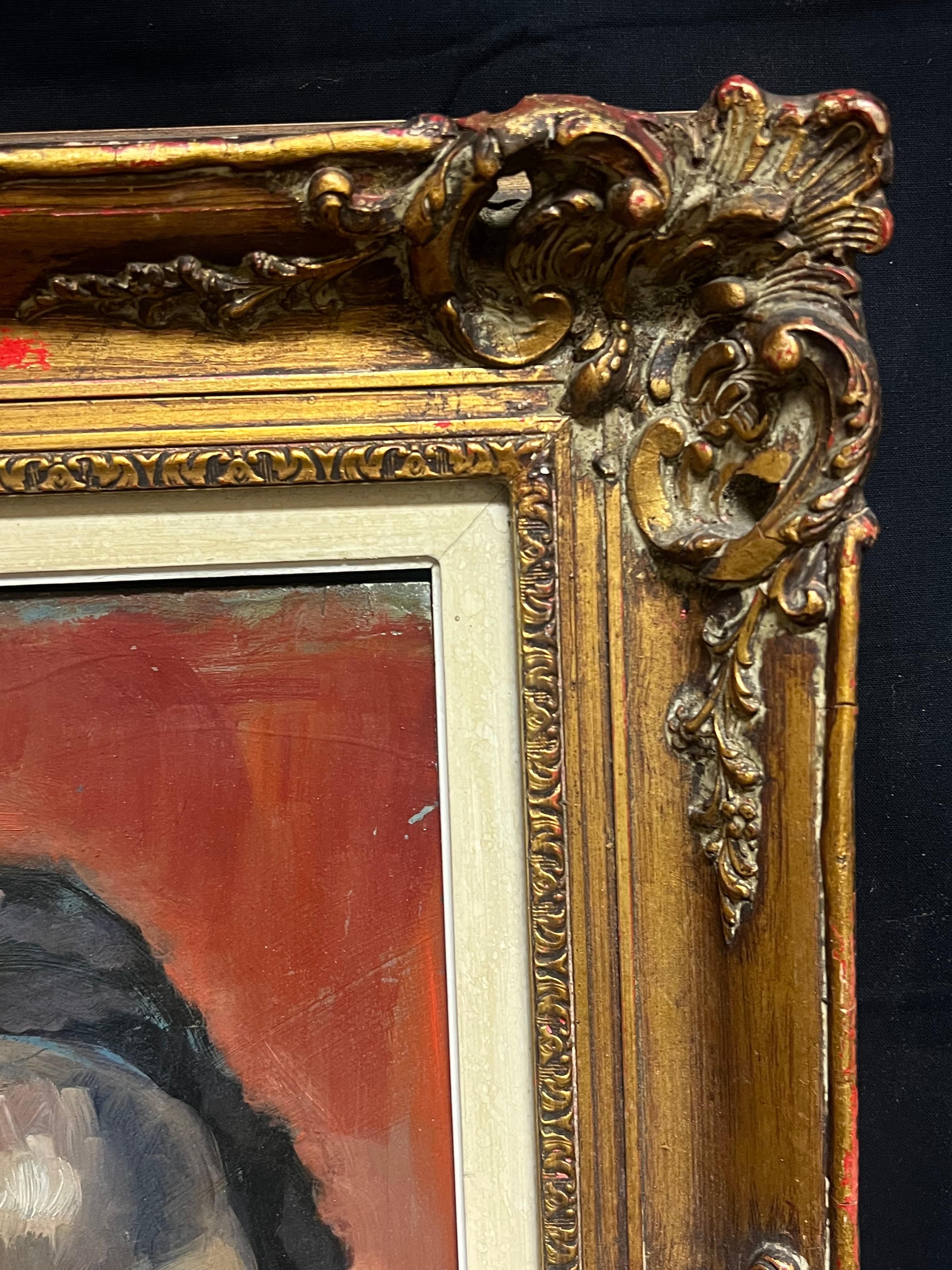 Expresivo retrato francés de mujer de mediados de siglo con marco dorado ornamentado - Painting Impresionista de French School