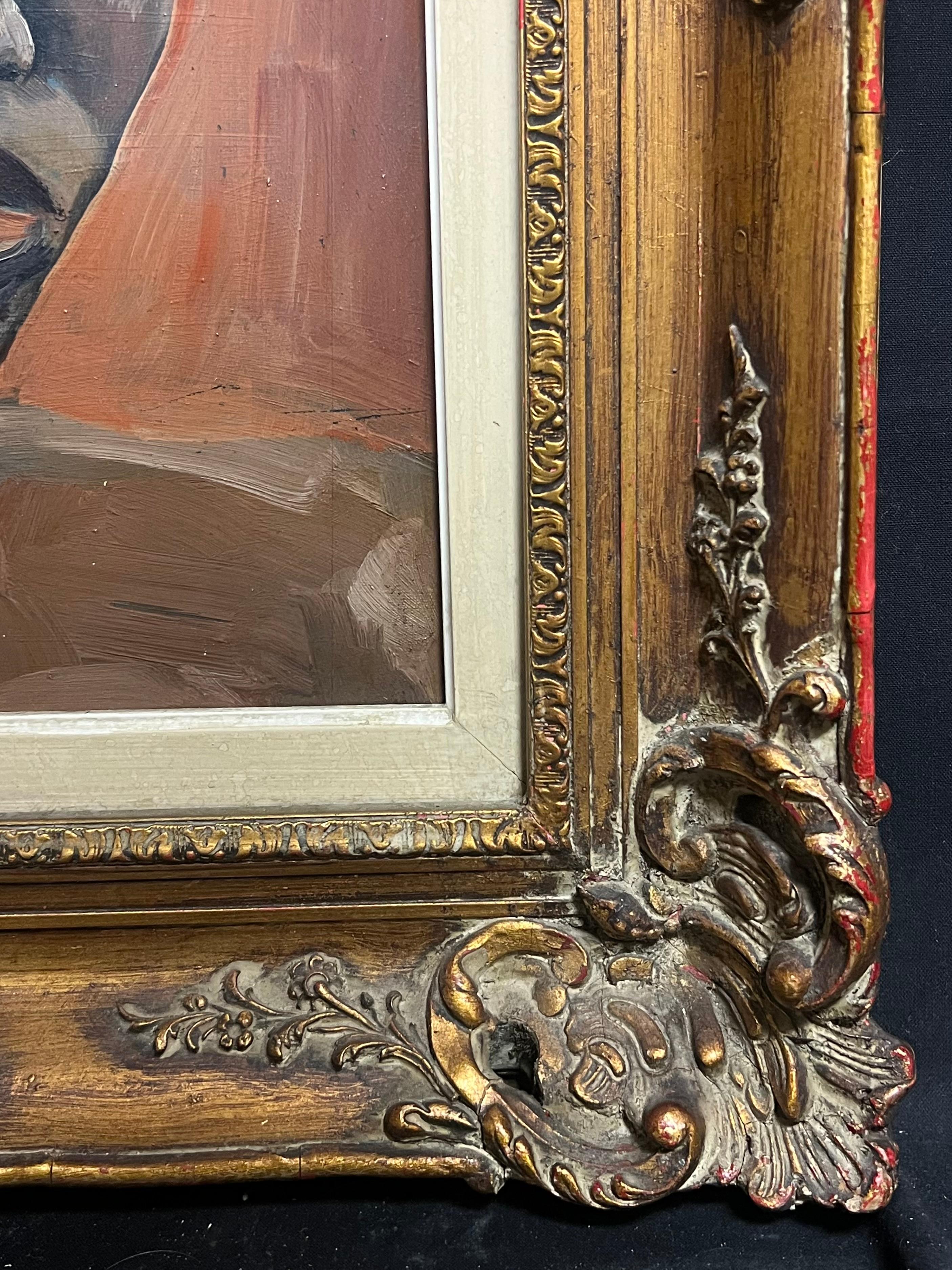 Expresivo retrato francés de mujer de mediados de siglo con marco dorado ornamentado - Portrait Painting Marrón de French School