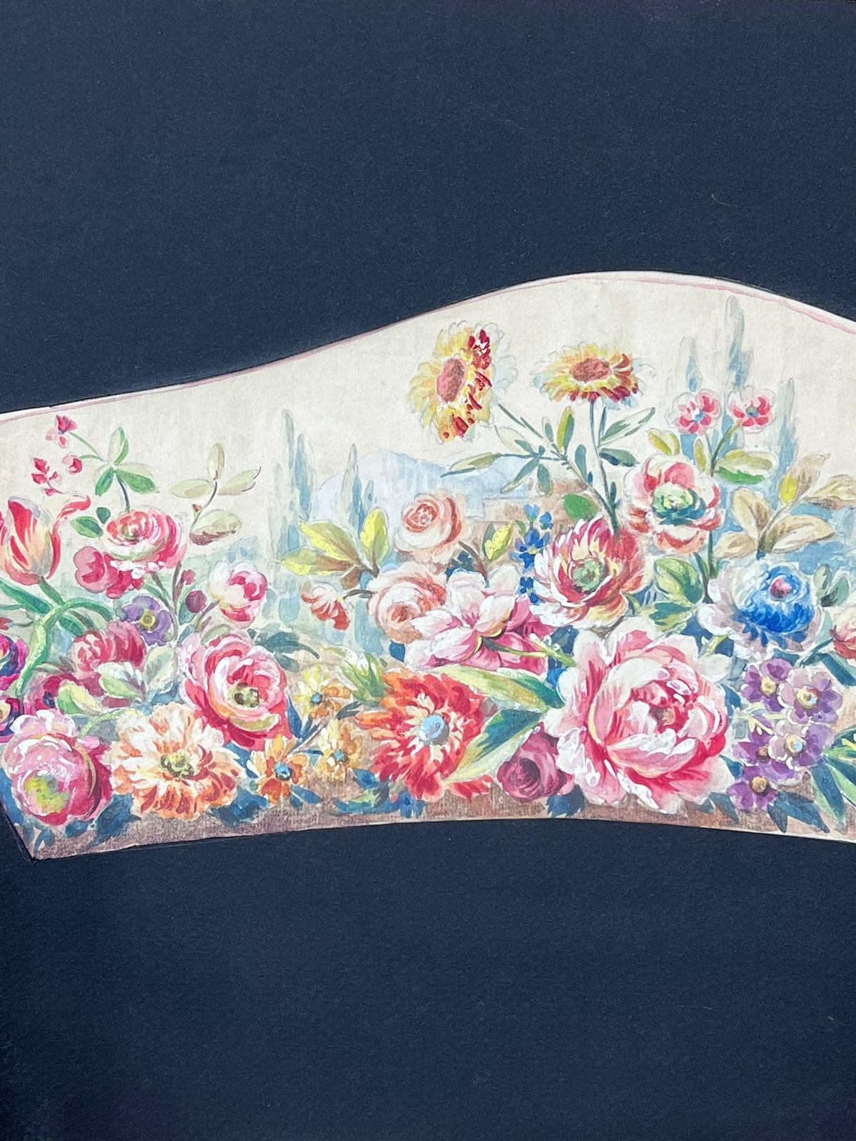 Exquisite Floral Arrangement with Lush Blooms in a Fan-Shaped Composition - Painting by French School