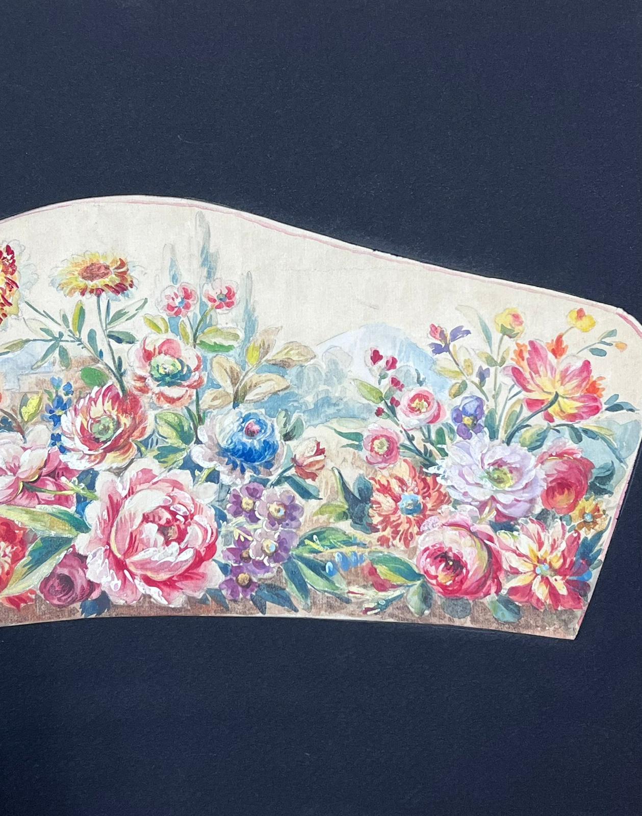 Exquisite Floral Arrangement with Lush Blooms in a Fan-Shaped Composition - Modern Painting by French School