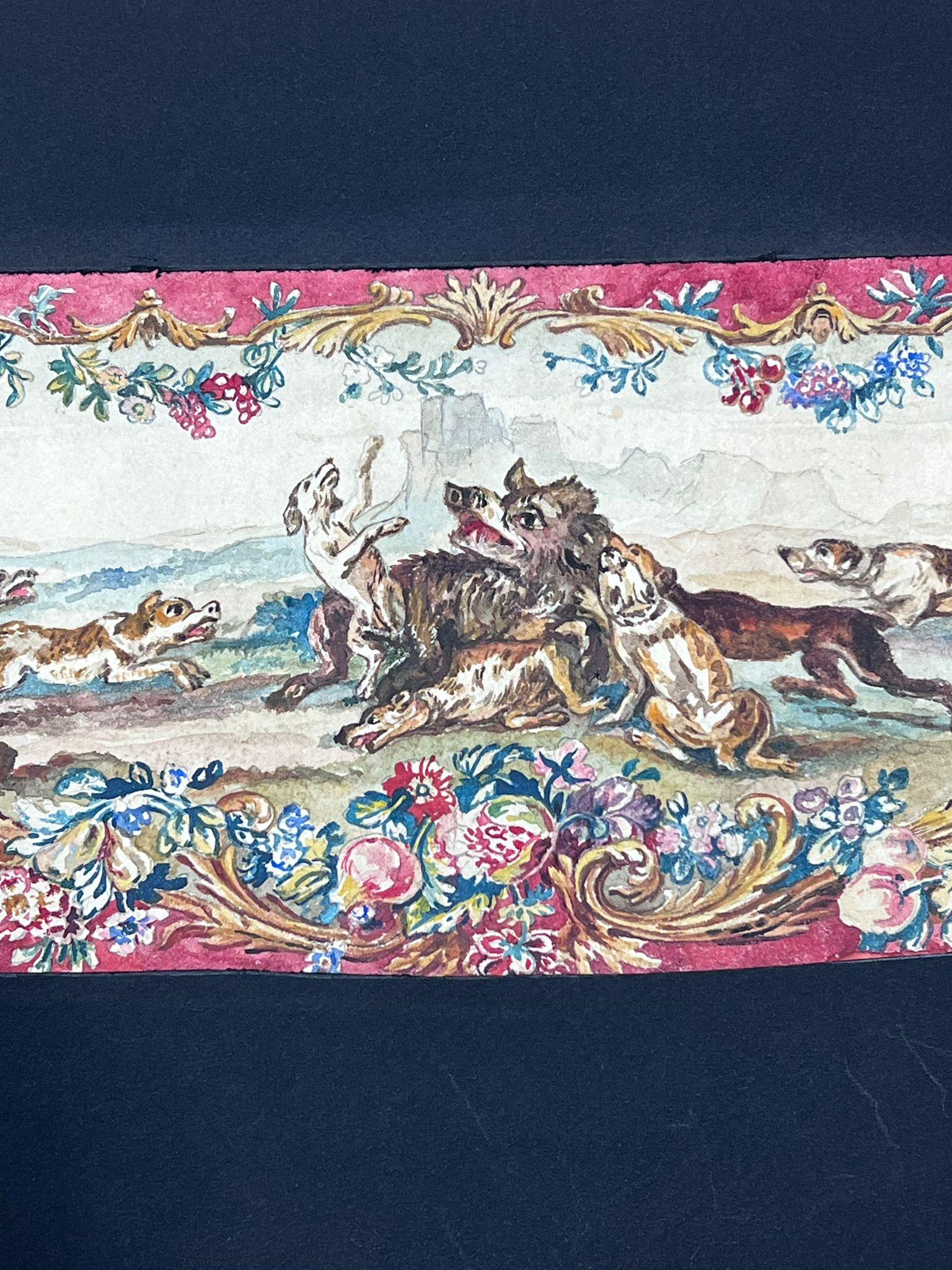 Exuberante escena de caza con perros en movimiento Pergamino floral rococó ornamentado - Painting de French School