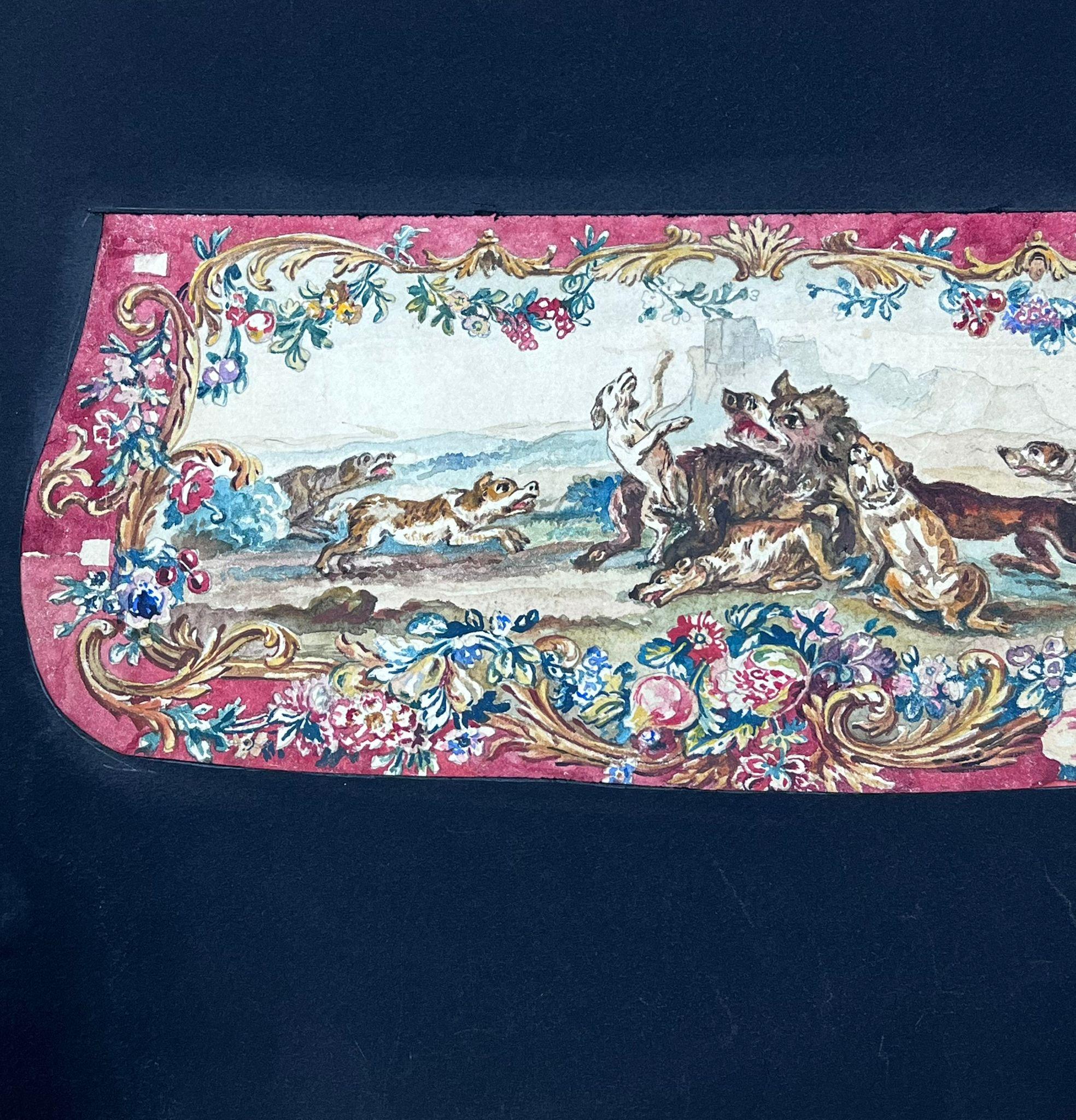 Exuberante escena de caza con perros en movimiento Pergamino floral rococó ornamentado - Landscape Painting Negro de French School