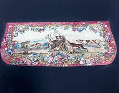 Scène de chasse exubérante avec chiens en mouvement ornée de fleurs rococo