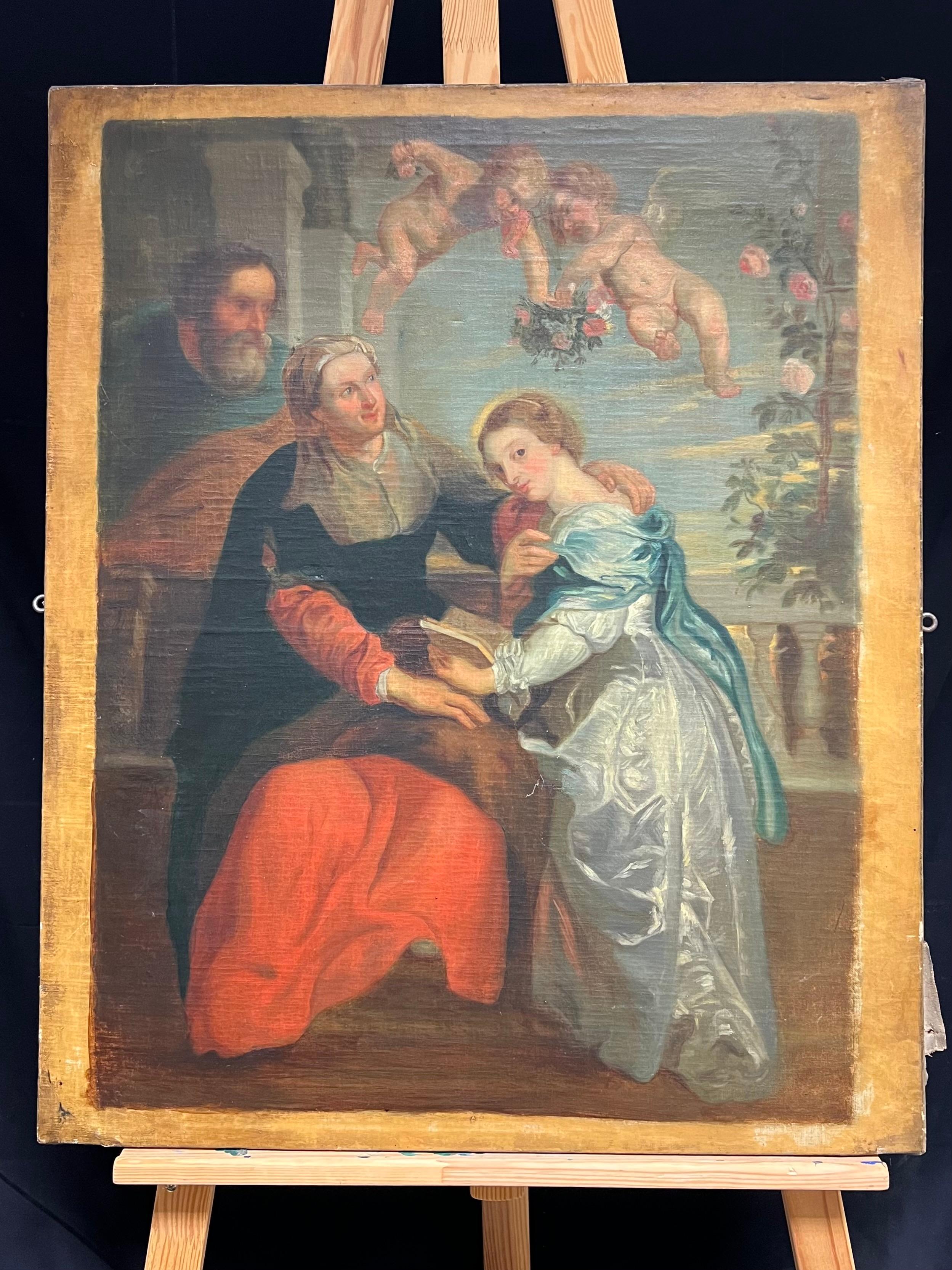 Family Devotion with Cherubs 18th Century Old Master Oil Painting after Rubens - Brown Portrait Painting by French School