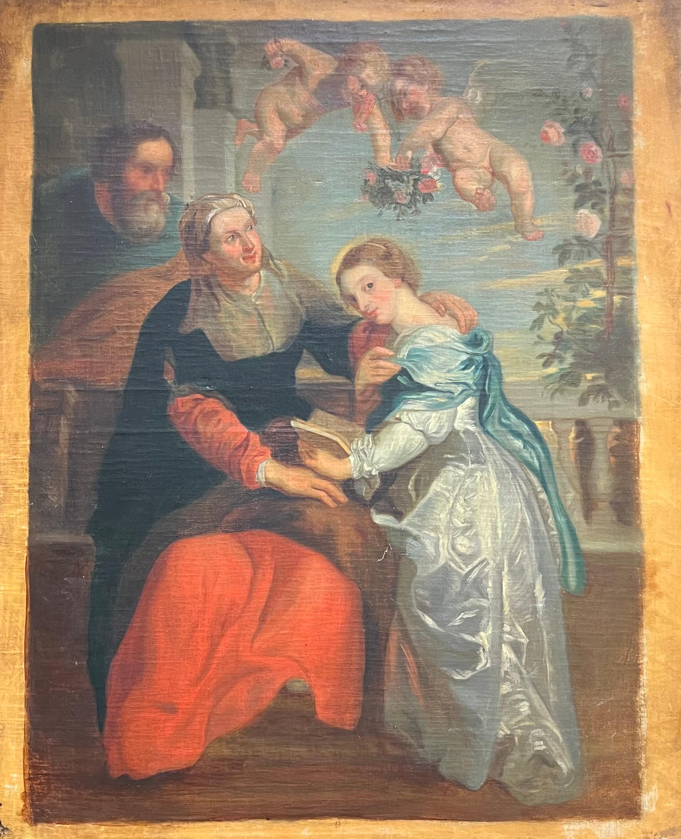 French School Portrait Painting - Family Devotion with Cherubs 18th Century Old Master Oil Painting after Rubens