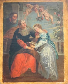 Family Devotion with Cherubs 18th Century Old Master Oil Painting after Rubens