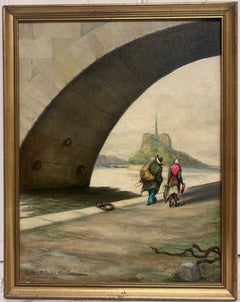 Figures Walking by the Seine Paris, Signed French Oil dated 1960