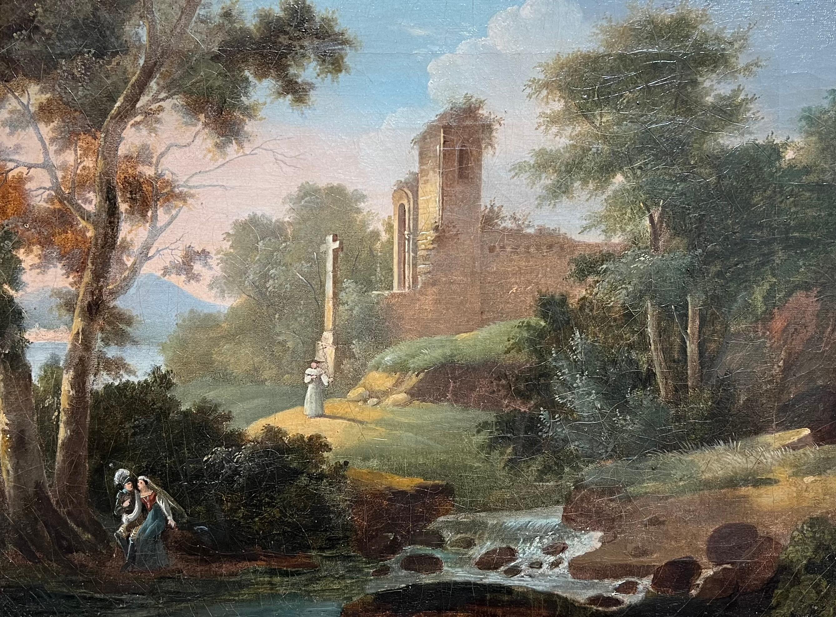 Olio francese del 1800  Figure di rovine monastiche Ruscello Paesaggio bucolico - Painting di Unknown