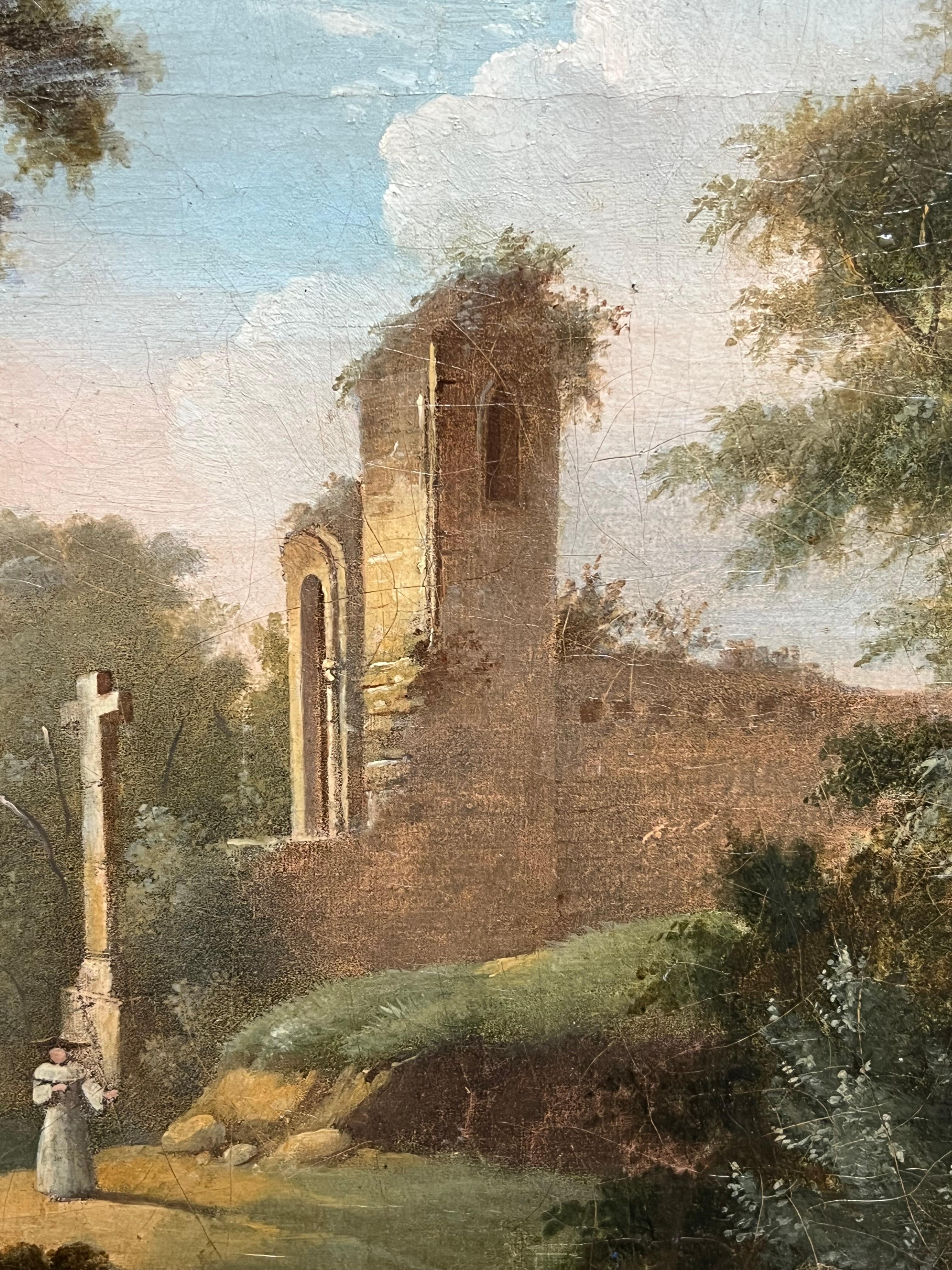 Olio francese del 1800  Figure di rovine monastiche Ruscello Paesaggio bucolico - Painting Antichi maestri di Unknown
