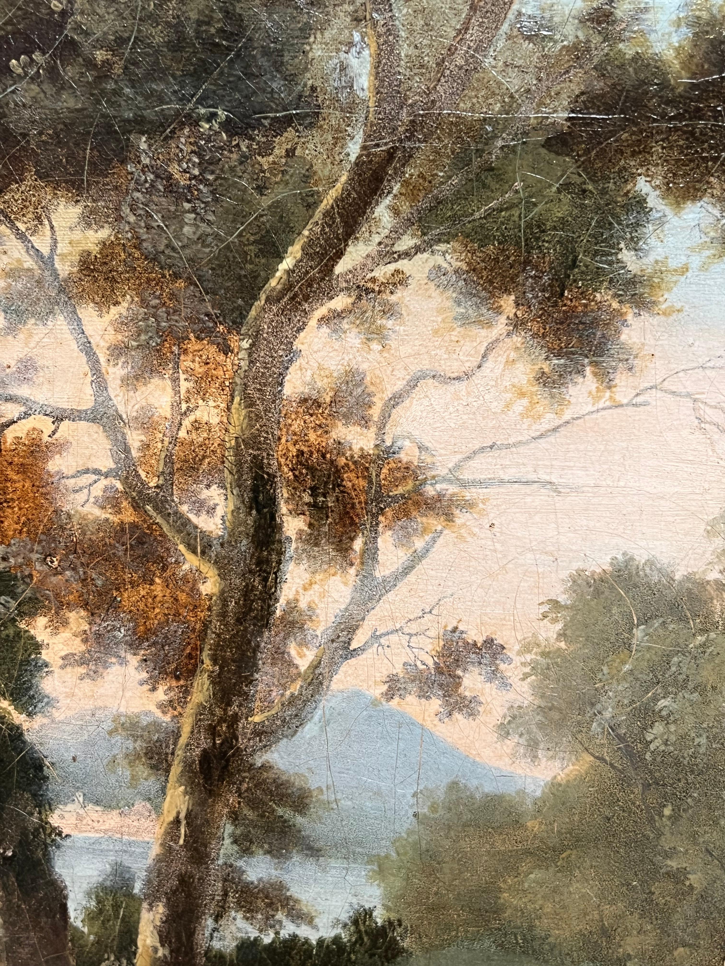 Olio francese del 1800  Figure di rovine monastiche Ruscello Paesaggio bucolico - Figurative Painting Marrone di Unknown
