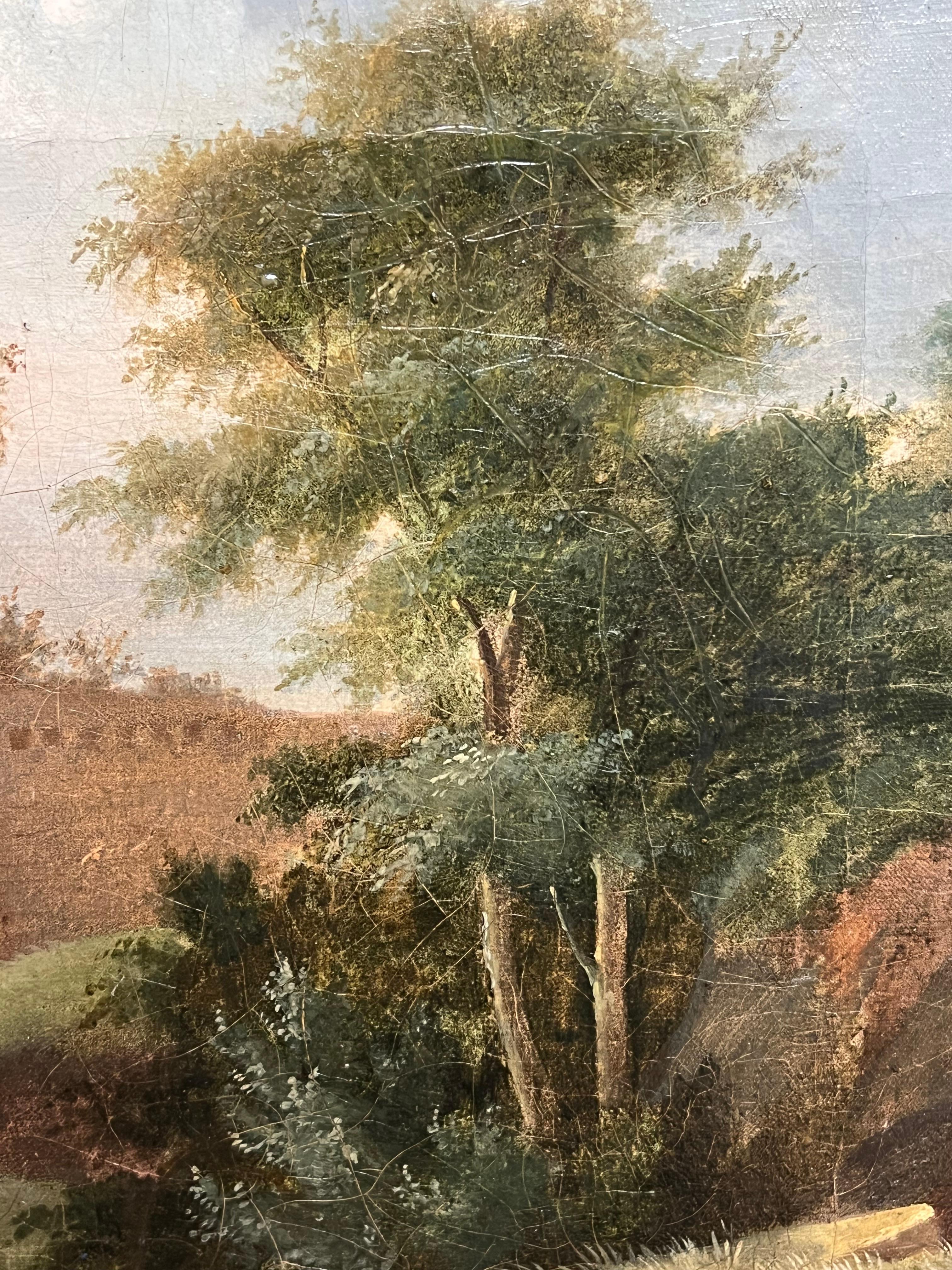 Olio francese del 1800  Figure di rovine monastiche Ruscello Paesaggio bucolico in vendita 1