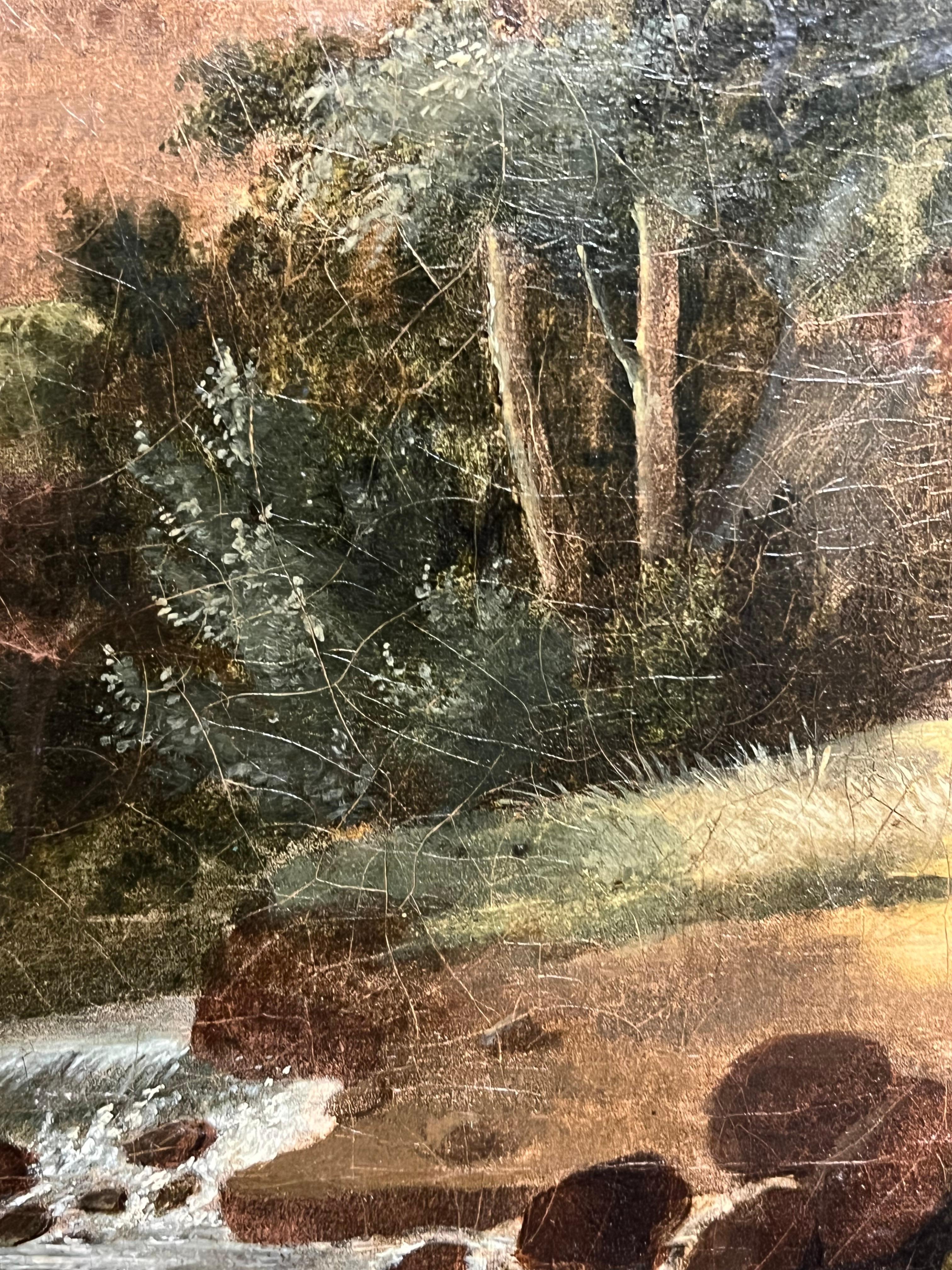 Olio francese del 1800  Figure di rovine monastiche Ruscello Paesaggio bucolico in vendita 2