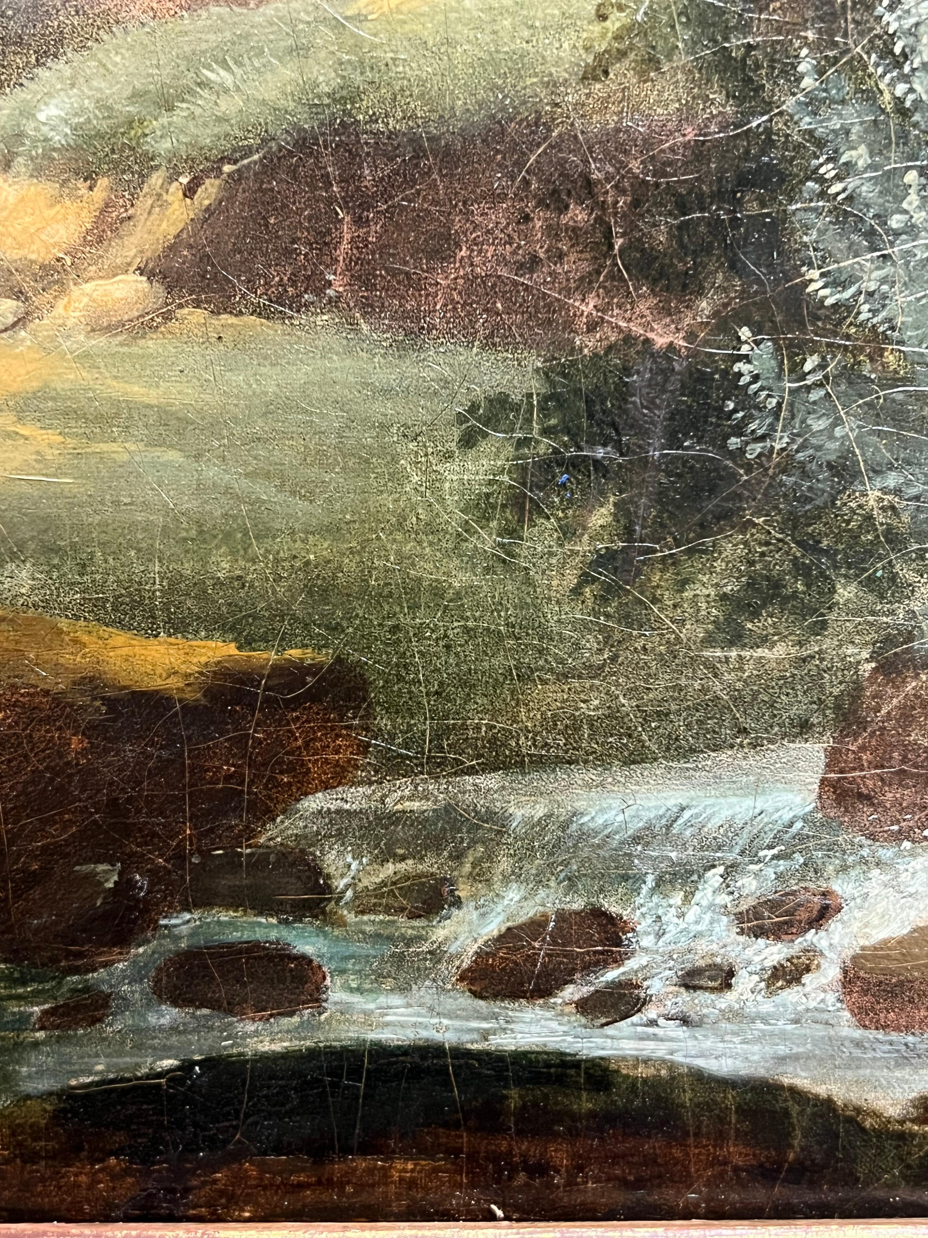 Olio francese del 1800  Figure di rovine monastiche Ruscello Paesaggio bucolico in vendita 3
