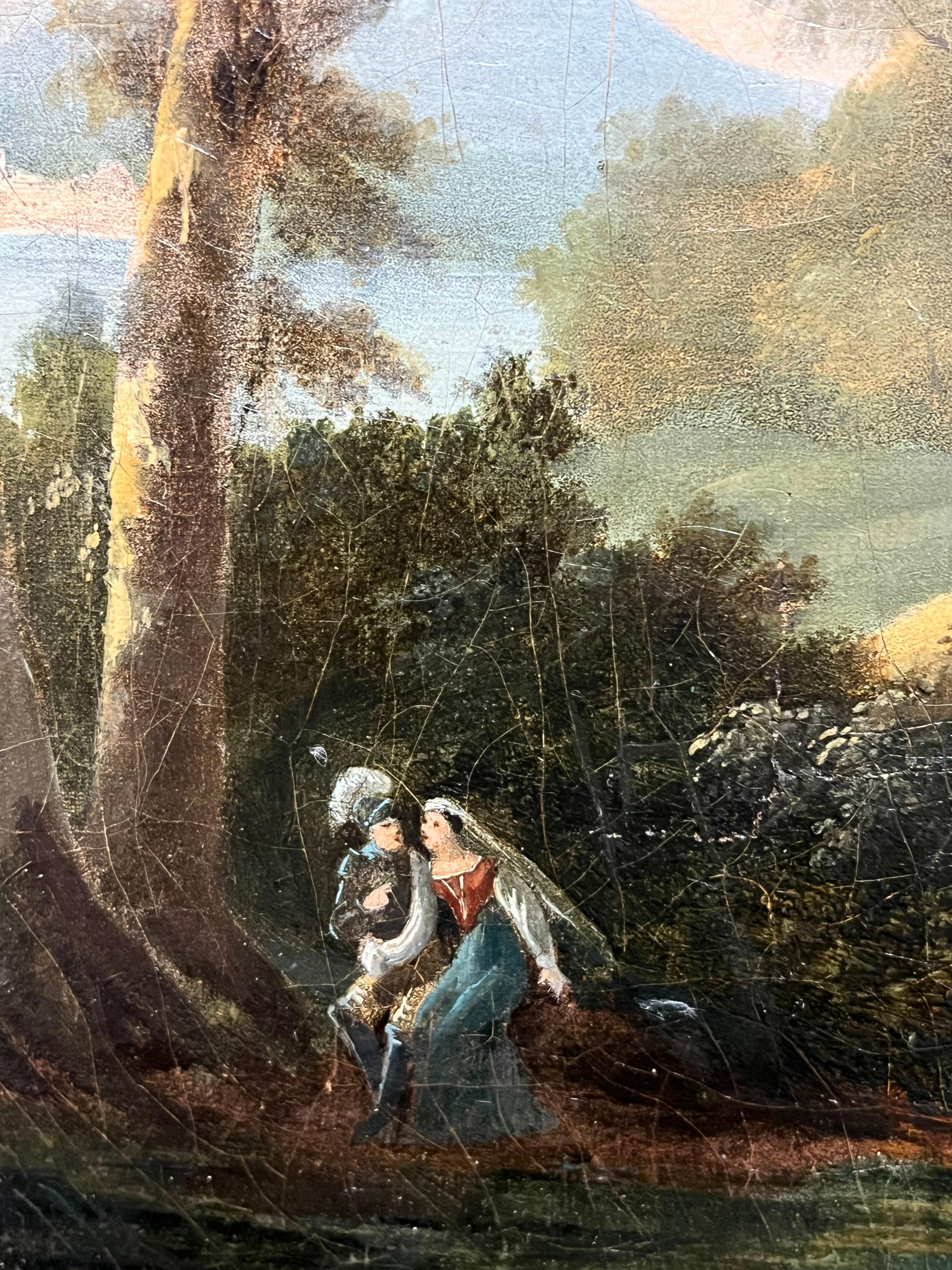 Olio francese del 1800  Figure di rovine monastiche Ruscello Paesaggio bucolico in vendita 4
