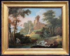 Olio francese del 1800  Figure di rovine monastiche Ruscello Paesaggio bucolico