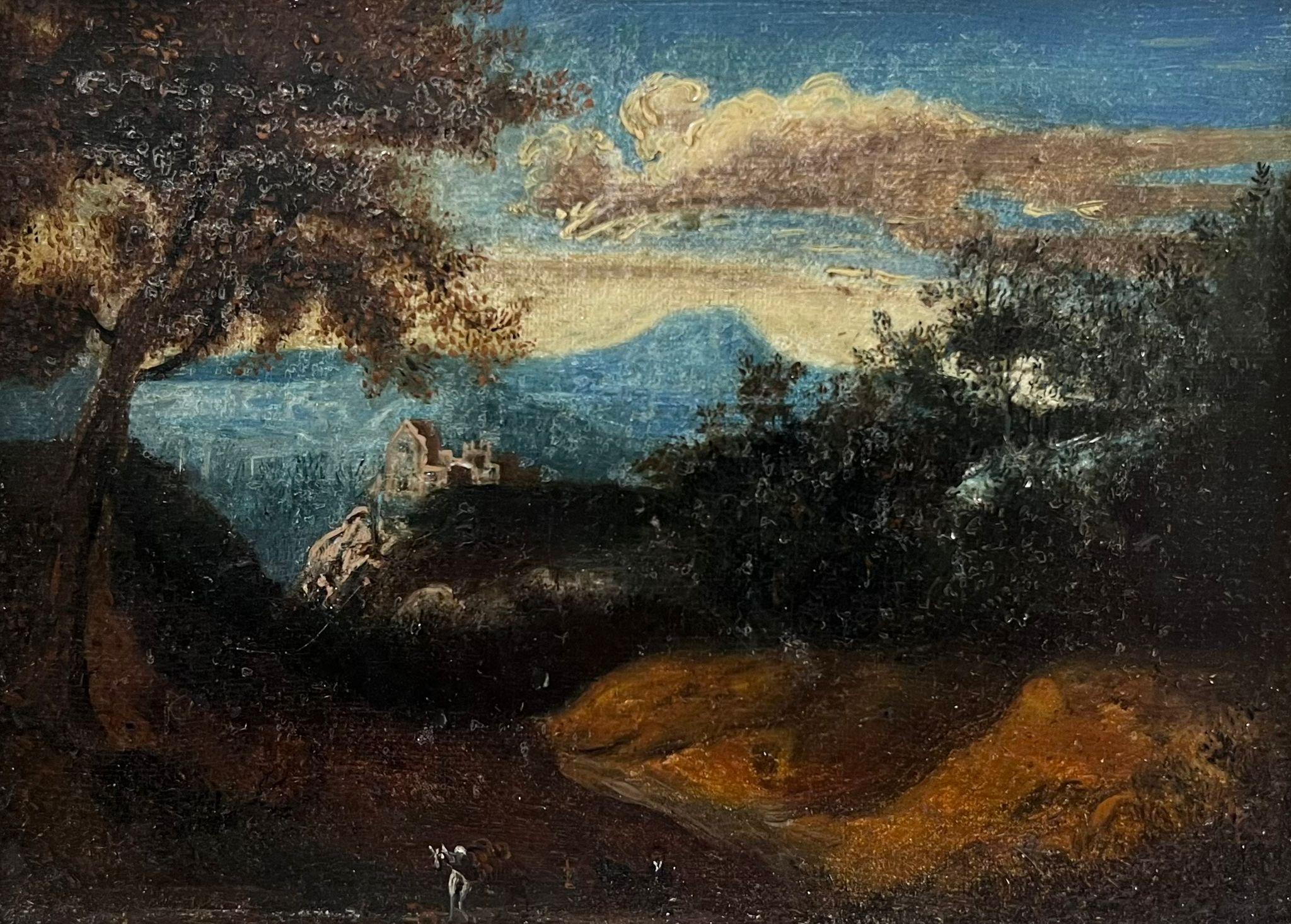 Landscape Painting French School - Belle peinture à l'huile du 18ème siècle French Old Master Figure dans un paysage d'Arcadie