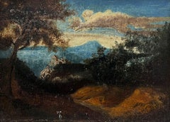 Belle peinture à l'huile du 18ème siècle French Old Master Figure dans un paysage d'Arcadie