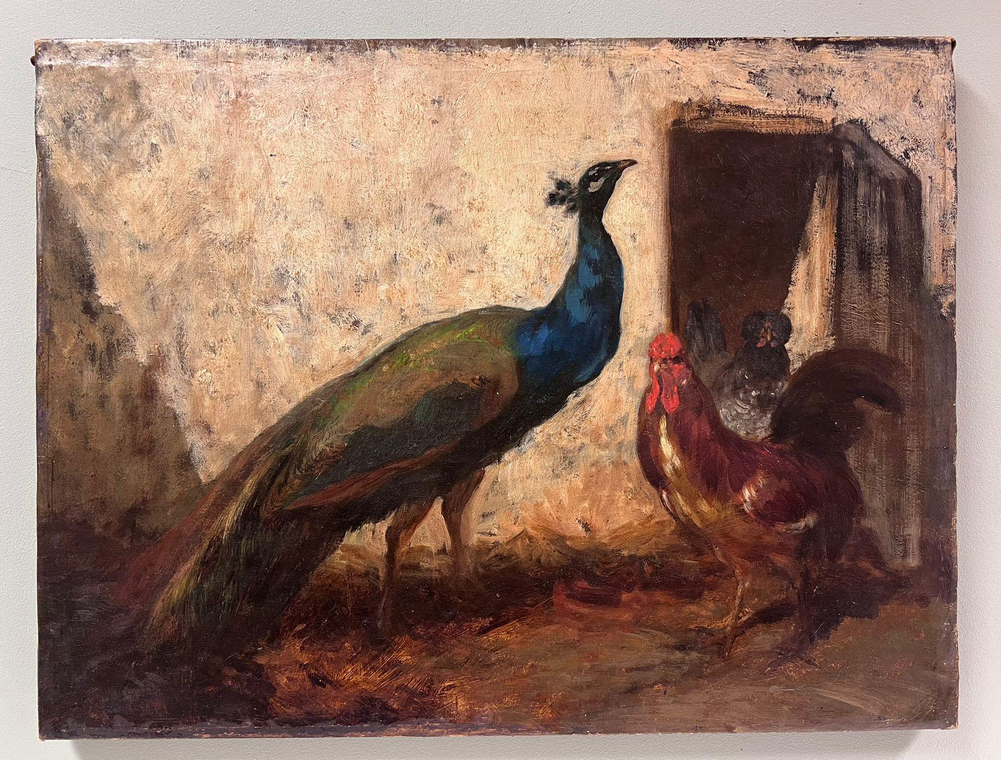 Raffinato dipinto a olio francese del XIX secolo: pavone e galline in cortile - Painting di French School
