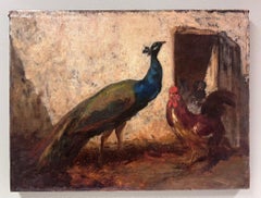 Feine 19. Jahrhundert Französisch Ölgemälde Pfau & Cockerill Hühner im Yard