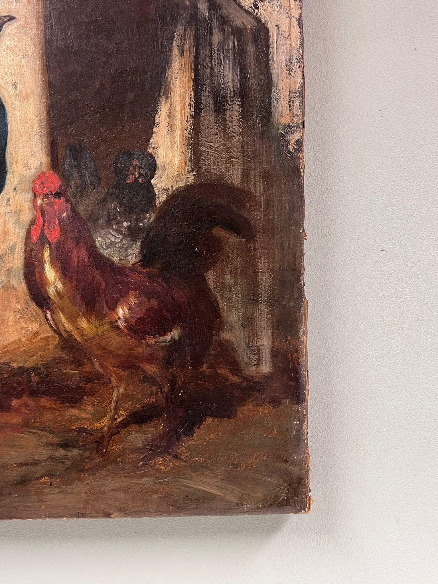 Raffinato dipinto a olio francese del XIX secolo: pavone e galline in cortile in vendita 1