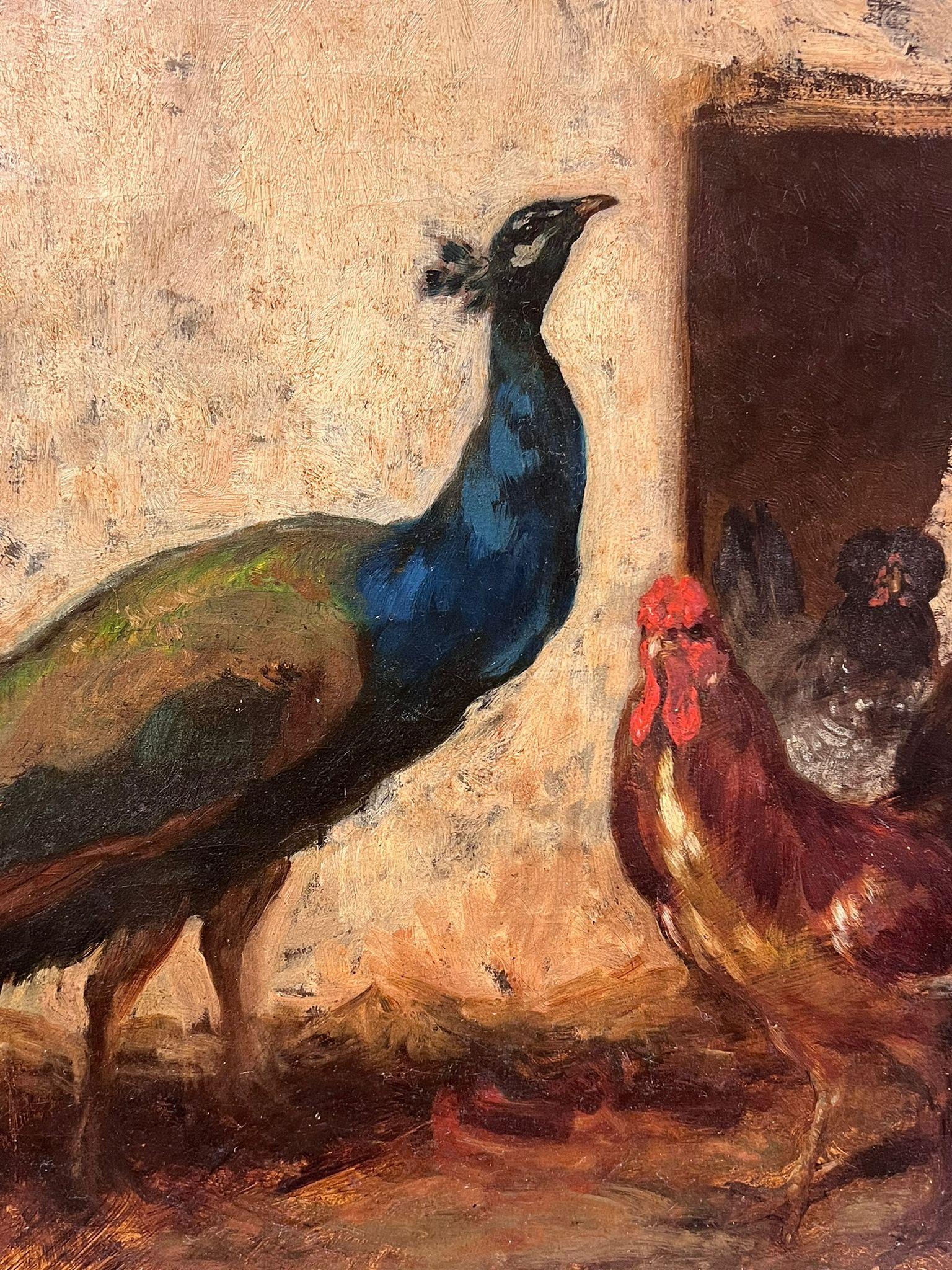 Raffinato dipinto a olio francese del XIX secolo: pavone e galline in cortile in vendita 2