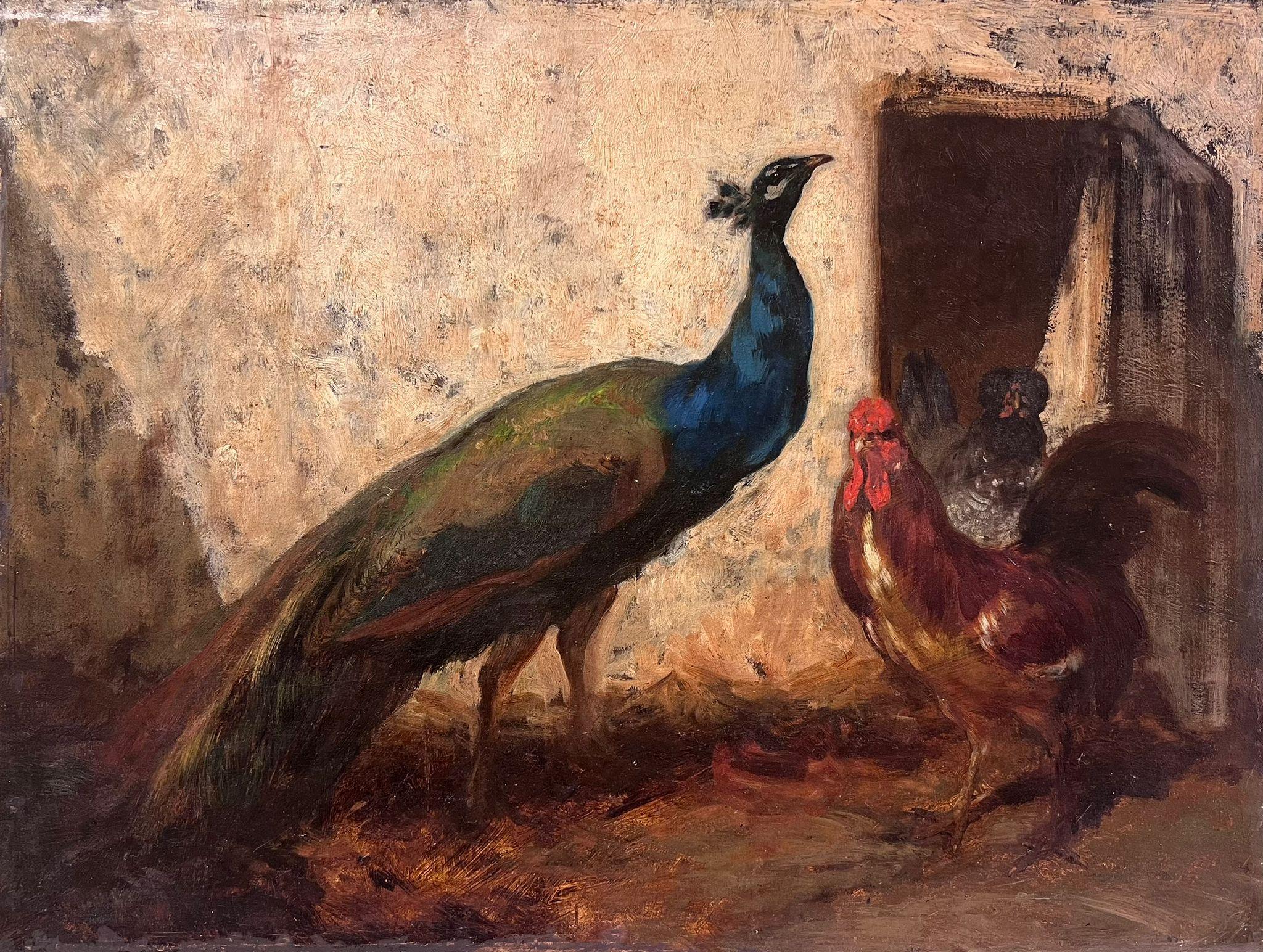 Fino óleo francés del siglo XIX Pavo real y gallinas Cockerill en el patio