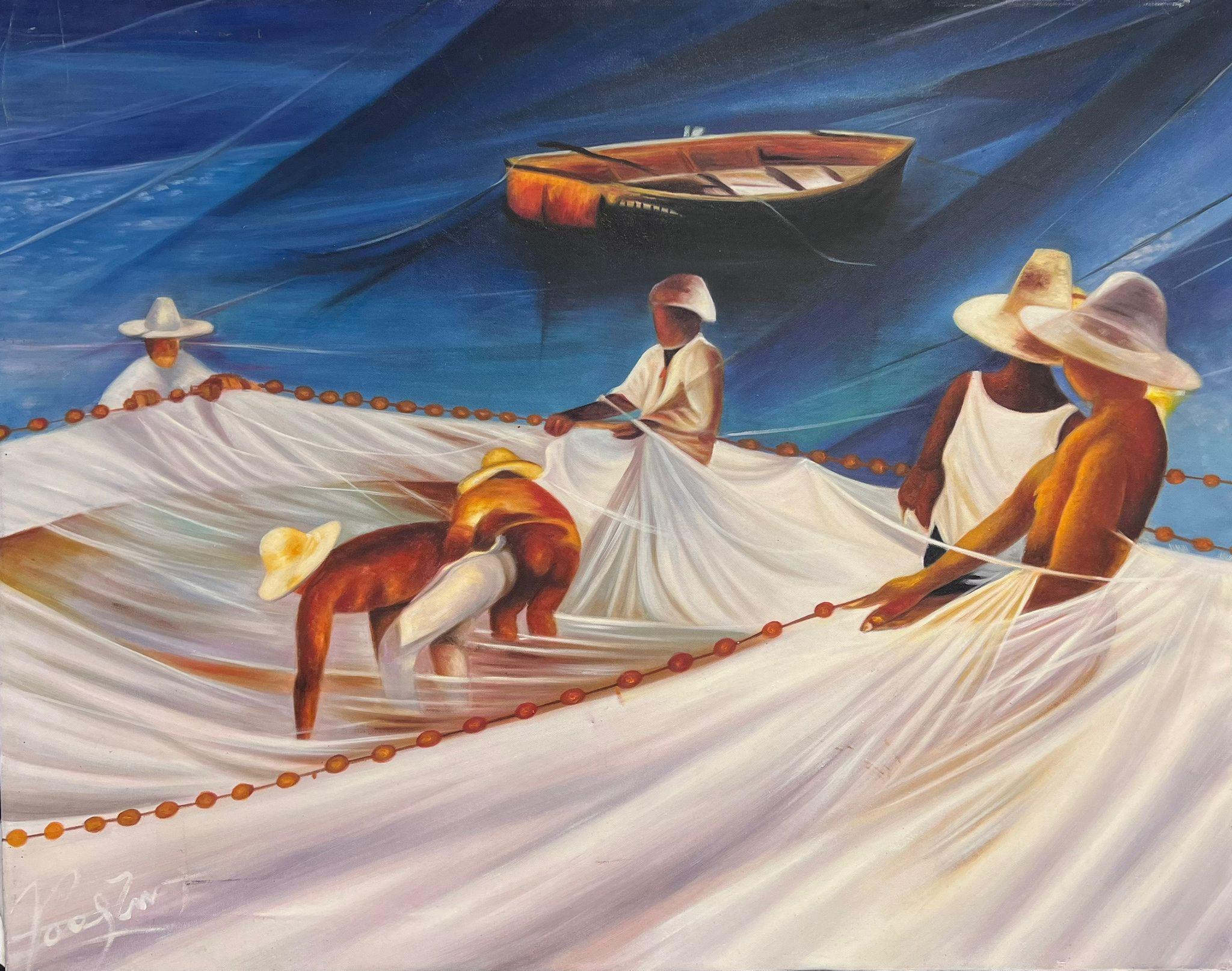 French School Landscape Painting - Fishermen at Work with Nets Coastal Scene South of France Sunny 
Hot